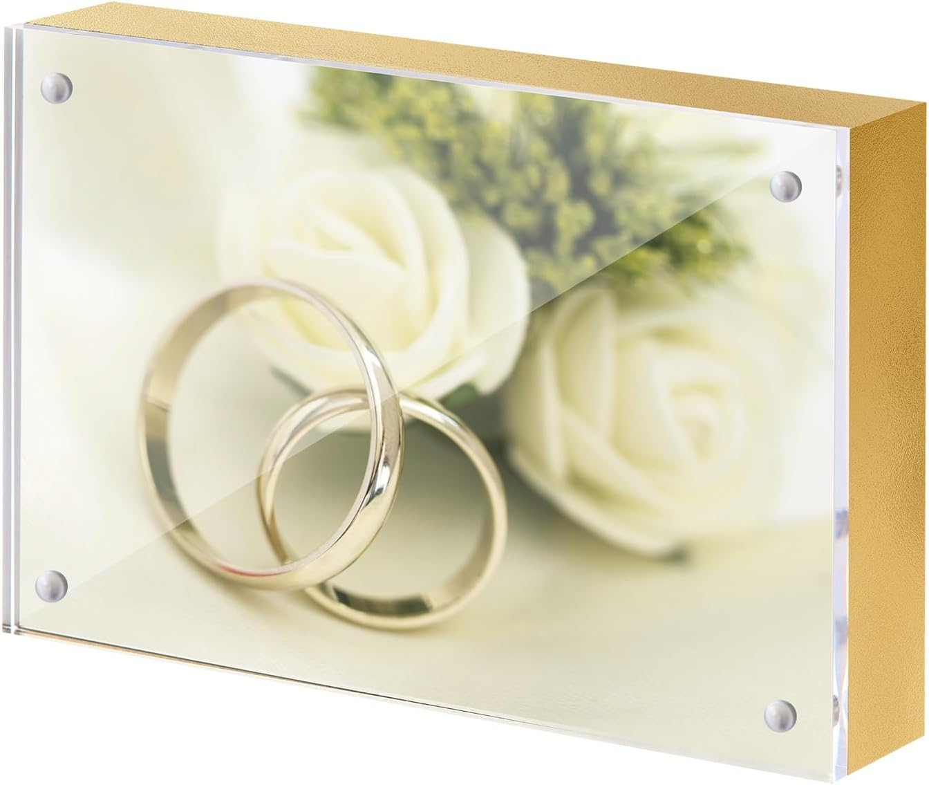 6x4 Inches Acrylic Photo Frame, 1 Pack Clear Frameless 4x6 Picture Frames with Magnetic, Transparent Front & Golden MDF Backboard, Minimalist Tabletop Display for Home/Office Decor