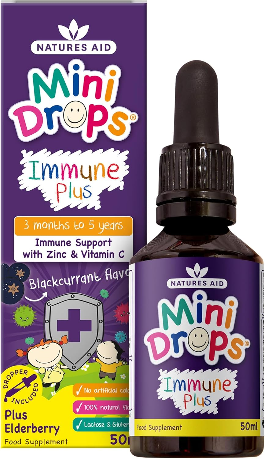Natures Aid Mini Drops Immune plus for Kids 50Ml - Immune Support with Zinc and Vitamin C - Sugar Free, Vegan, Non-Gmo, Natural Supplement for Infants and Children Age 0-5 Years Old - Dropper Included | Sugar Free, Pack of 1