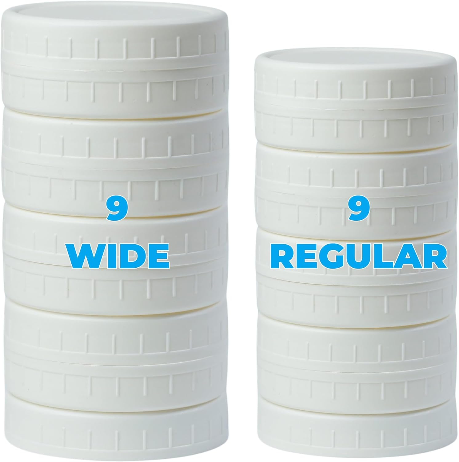 18 Pack White Plastic Mason Jar Lids with Silicone Rings, 9 Wide Mouth & 9 Regul