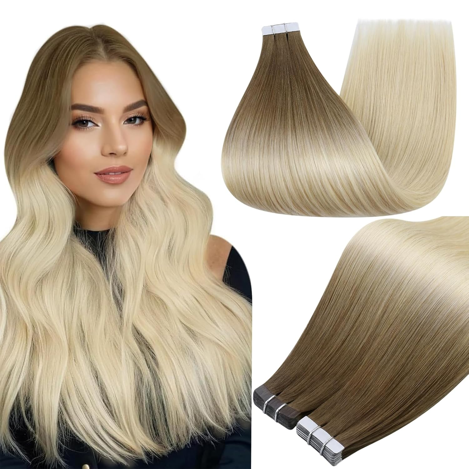 Tape in Hair Extensions Human Hair Brown to Platinum Blonde Tape in Extensions Human Hair 20Inch Seamless Blonde Hair Extension Tape in Straight Skin Weft 20Pcs 50G Real Remy Hair Extension