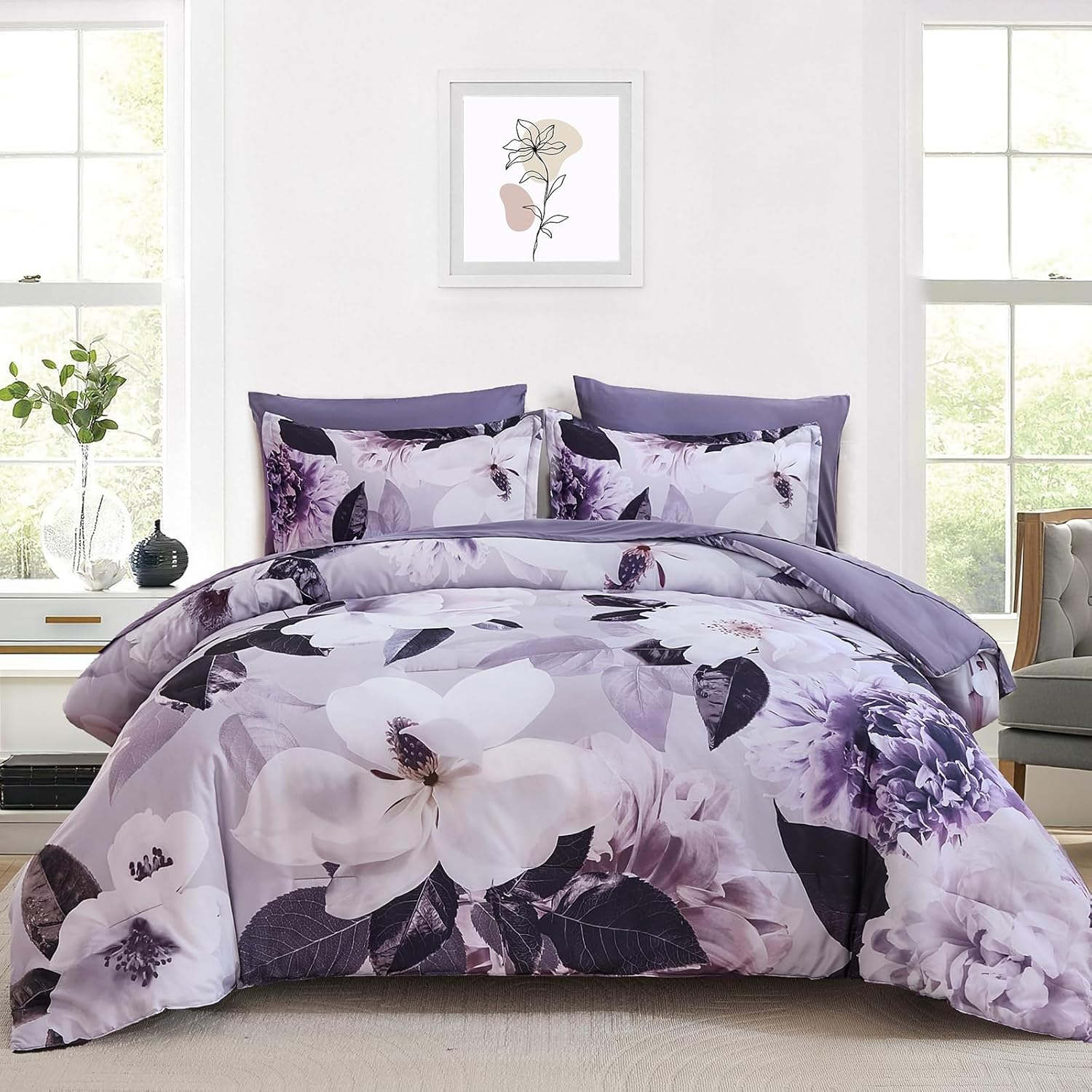 King Size Comforter Set 7 Pieces, Bed in a Bag Soft Microfiber Bedding, Luxury Purple Floral Elegant Design, All Seasons Comforter Bed Set with Sheets, Pillowcases & Shams