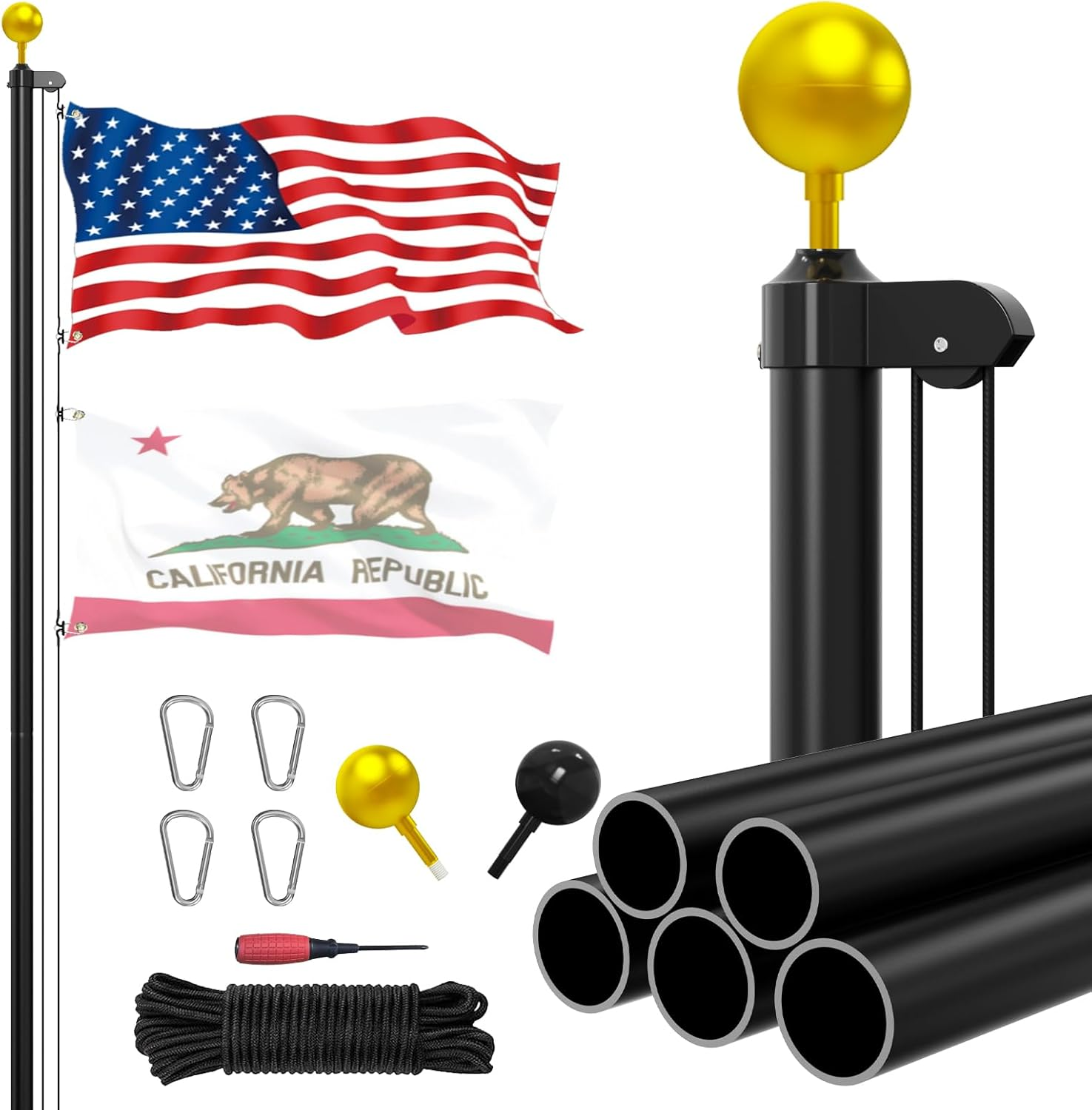25 FT Flag Pole Kit for Outside, 14 Gauge Heavy Duty Flagpole Kit for Yard, Extra Thick Outdoor Flag Poles with 3X5 American Flag for Residential or Commercial (Black+Golden Sleek Ball Top, 2025 Upgraded Version)