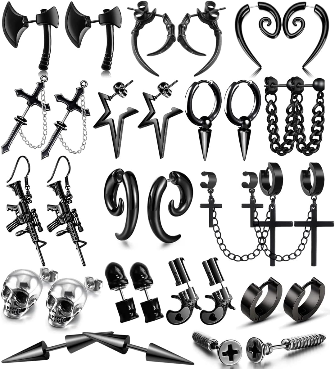 16 Pairs Stainless Steel Punk Y2K Black Dangle Earrings for Men, Axe Skull Screw Cone Etc Huggie Hoop Long Chain Piercing Hoop Earrings Set for Unisex Earrings for Women