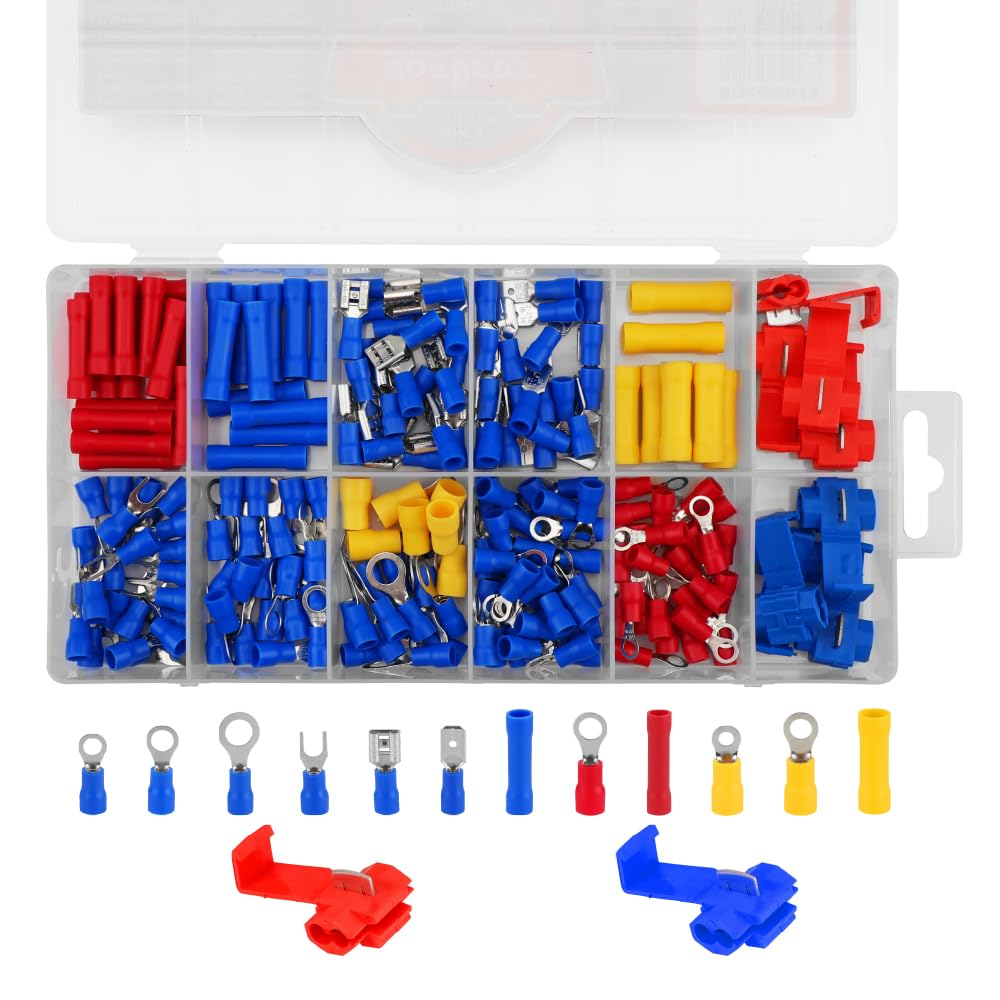 200-Piece Electrical Wire Connector Kit, Insulated Crimp Terminal Assortment with Quick Splice Connectors, Ring, Spade & Butt Connectors Set for Automotive Wiring, Marine, Electrical Repair