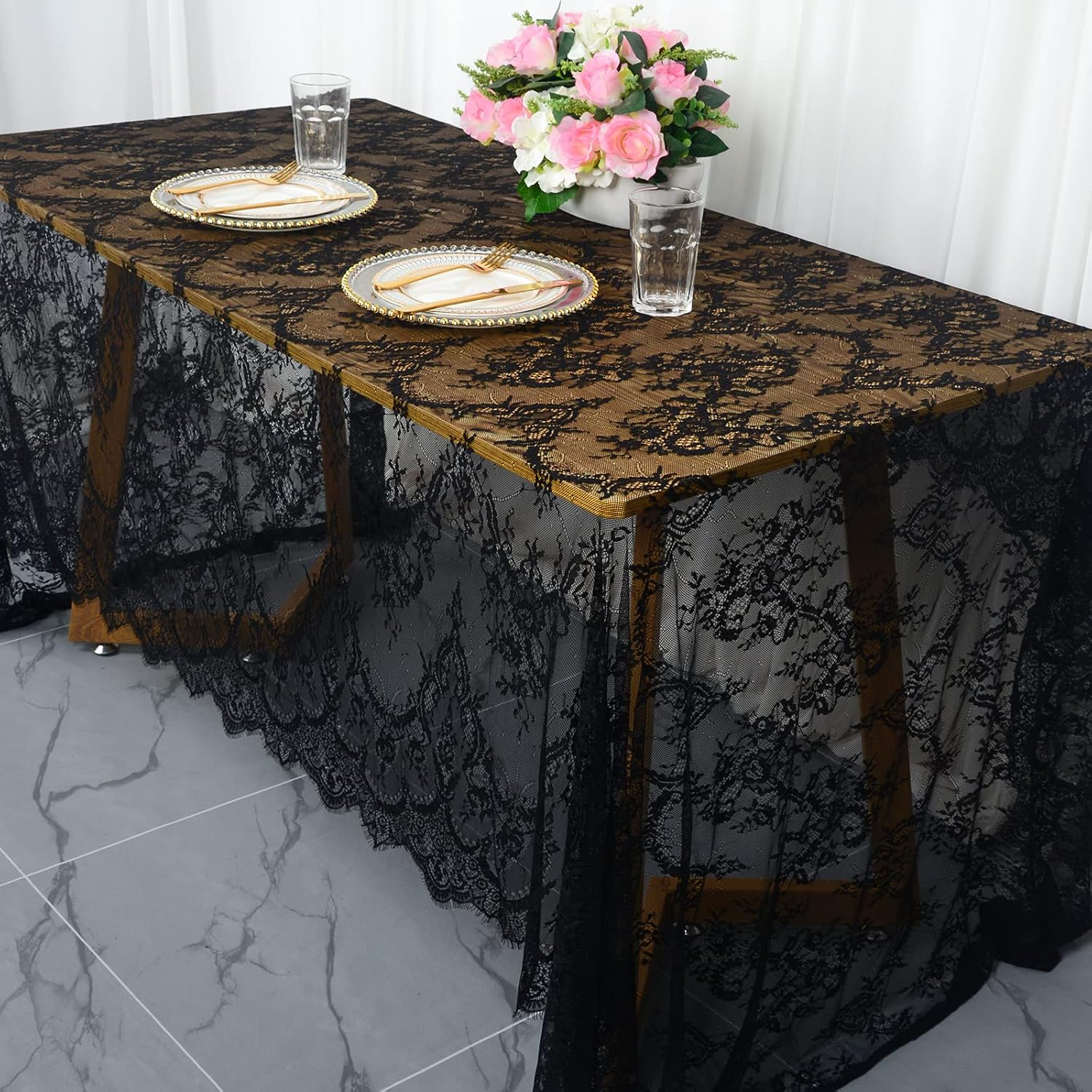 Black Lace Tablecloth Rectangular 60X120, for Wedding Table Decor | Floral Lace Design, Scalloped Edges, Flower Oblong Sheer Overlay, for Wedding Reception, Party Decor, 60X120 Inch Rectangle