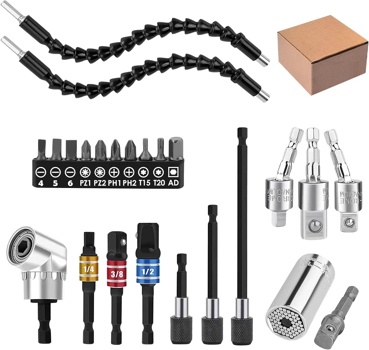 24Pcs Flexible Drill Bit Extension Set, 105°Right Angle Drill Attachmen, Rotatable Joint Socket 1/4 3/8 1/2 Inch Hex Socket Adapter Socket Screwdriver with a Box (Black)