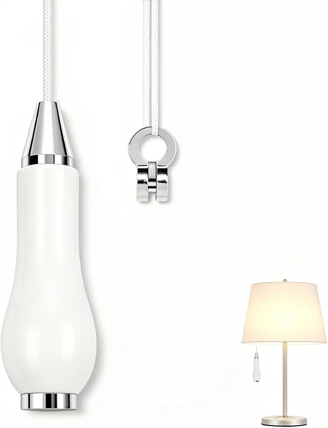 Ceramic Bathroom Light Pull Cord, White Pull Cord Light Switch String,Pull Cord Handle with 150Cm Nylon String Extension & Cord Connector Replacement for Light and Fan Switches for Bathroom or Wall