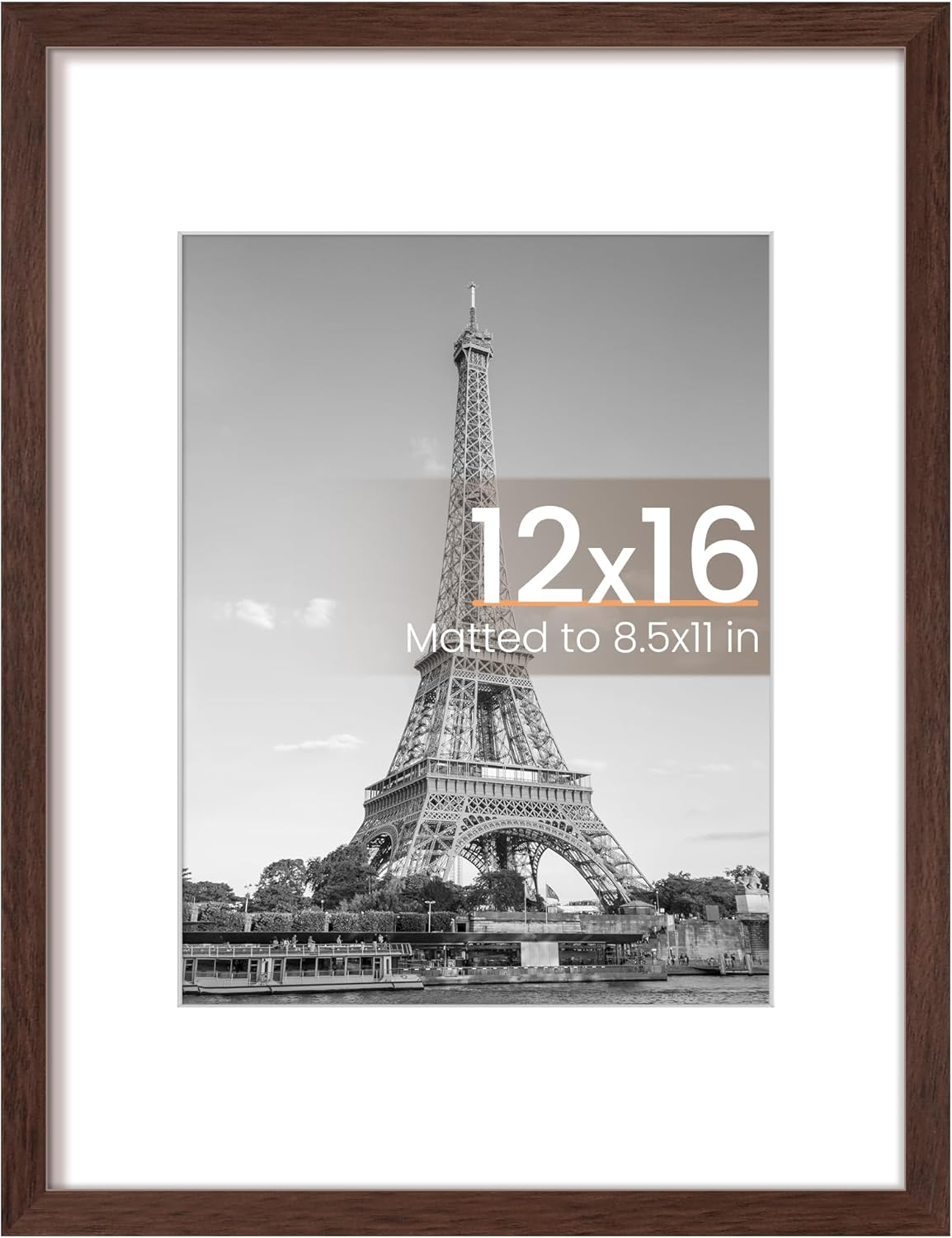 12x16 Picture Frame, Display Pictures 8.5x11 with Mat or 12 x 16 Without, Wall Hanging Poster Frames, Brown, 1 Pack
