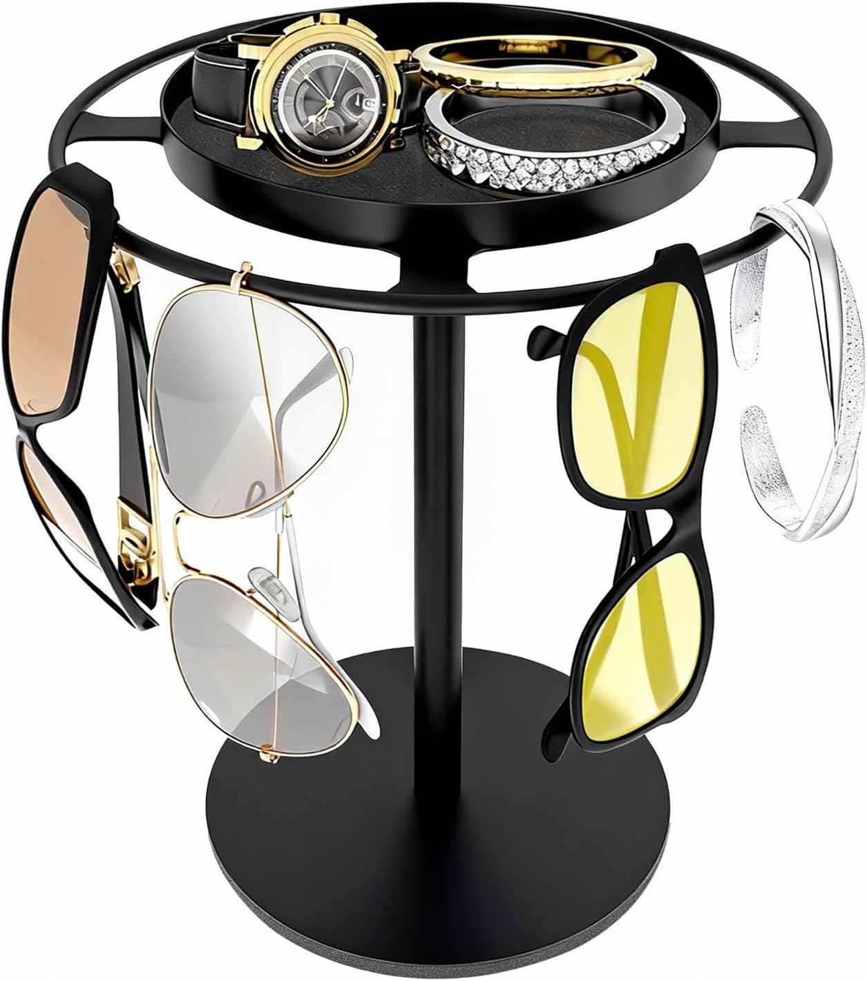 Metal Sunglasses Organizer, Glasses Holder Stand with Storage Tray, Eyeglasses Holder with Anti-Slip Pads for Tabletop, Desk, Dresser, Matte Black