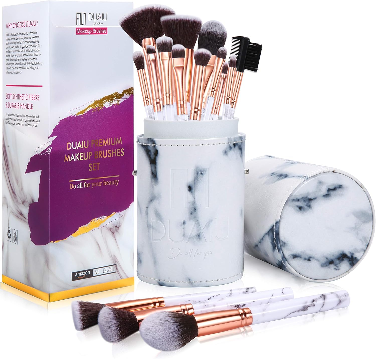 DUAIU Makeup Brushes Set Make up Brushes Professional 15Pcs Marble Makeup Brush Set for Foundation Powder Concealers and Eyeshadow with Exquisite Marble Bucket Gift Box…