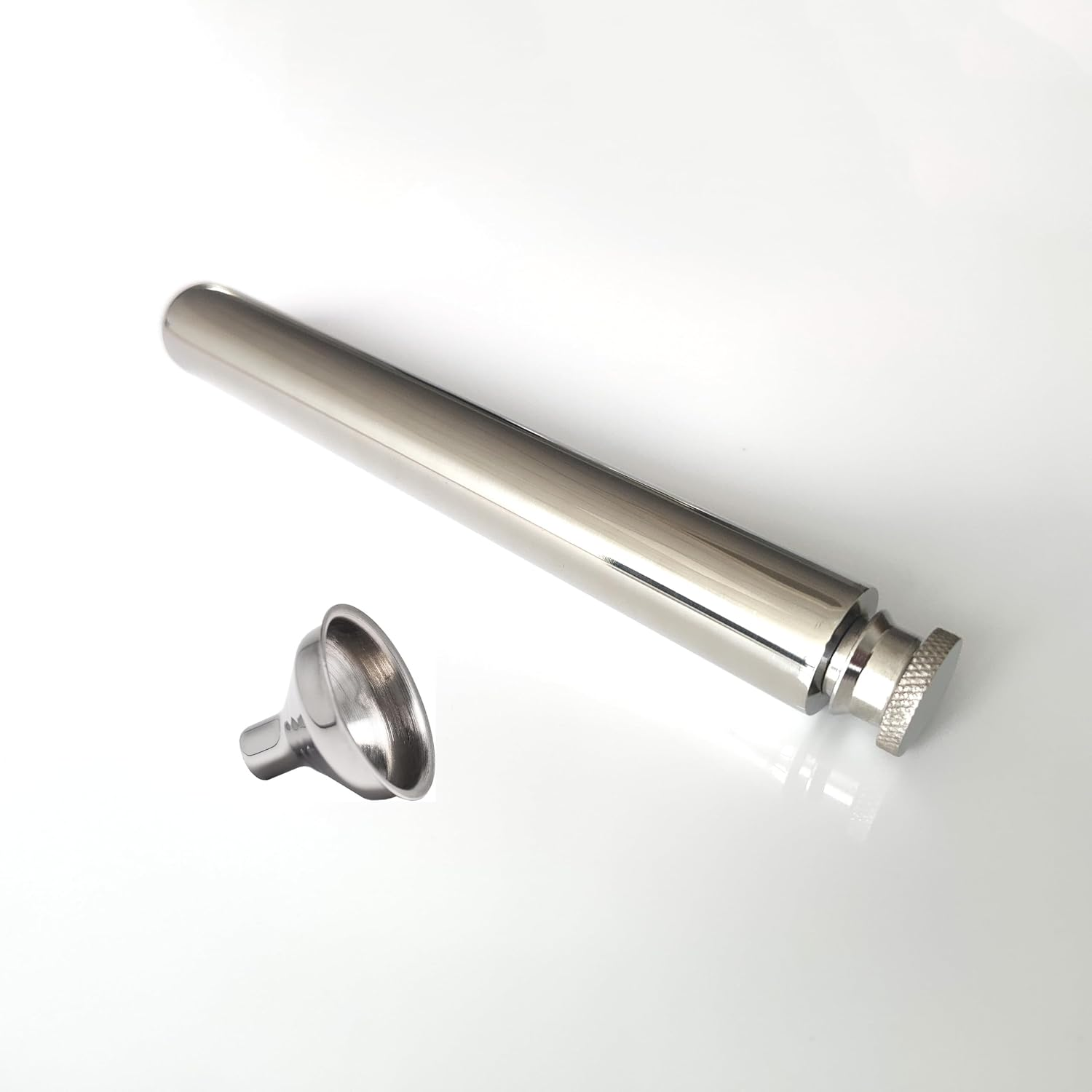 Stainless Steel 2oz Tube Flask Portable Mini Water Bottle & Funnel (Mirror Finish, Round Bottom)