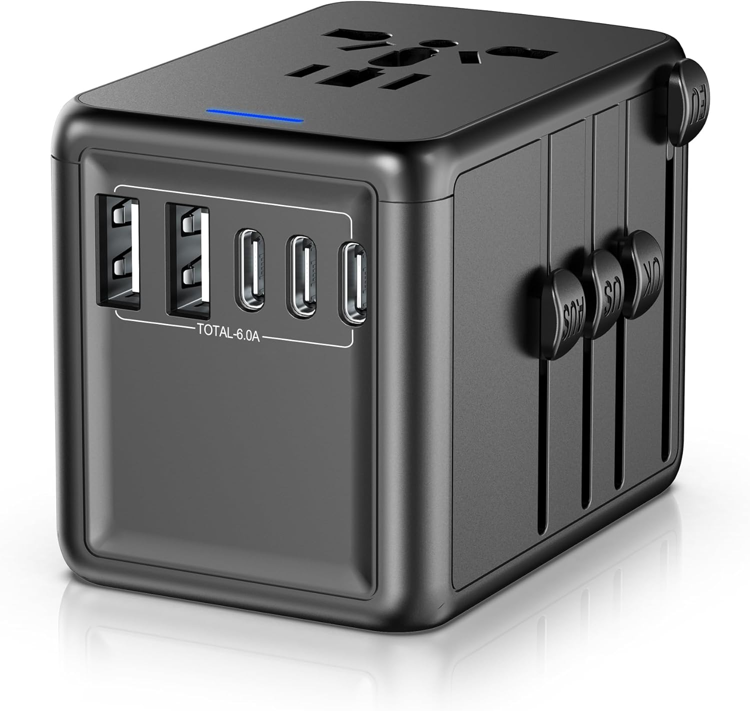 Universal Travel Adapter Offers 6.0A 3X 3.0A USB-C Ports, 2X 2.4A USB-A Ports and Multi AC Outlet, All-In-One International Power Plug Adaptor Worldwide Charger for EU US UK AU 200+ Countries