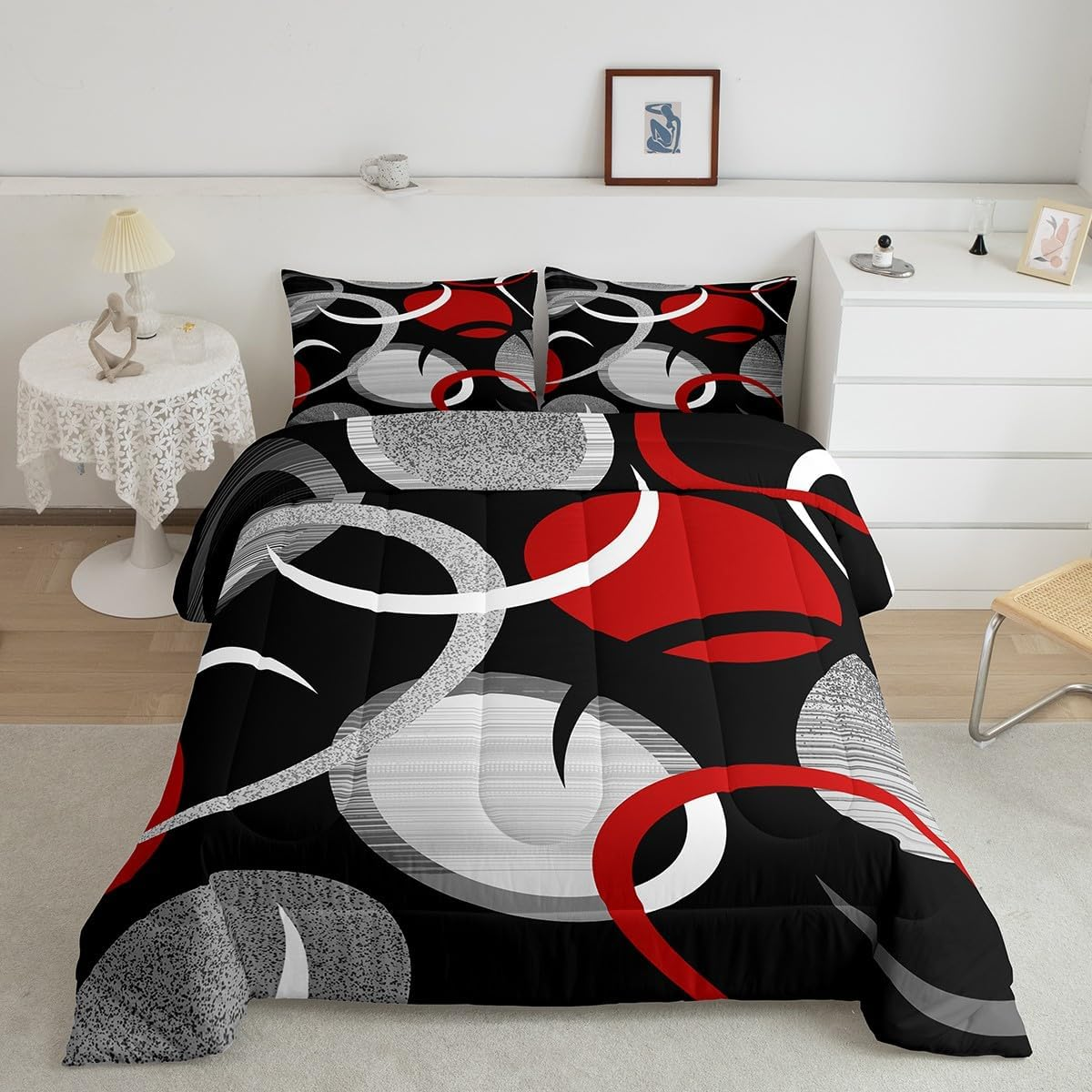 Abstract Art Bedding Set for Kids Boys Girls Queen Size Black Gray Red Comforter Set Ultra Soft Geometric Comforter Modern Duvet Quilt Bedroom Decor Retro Art