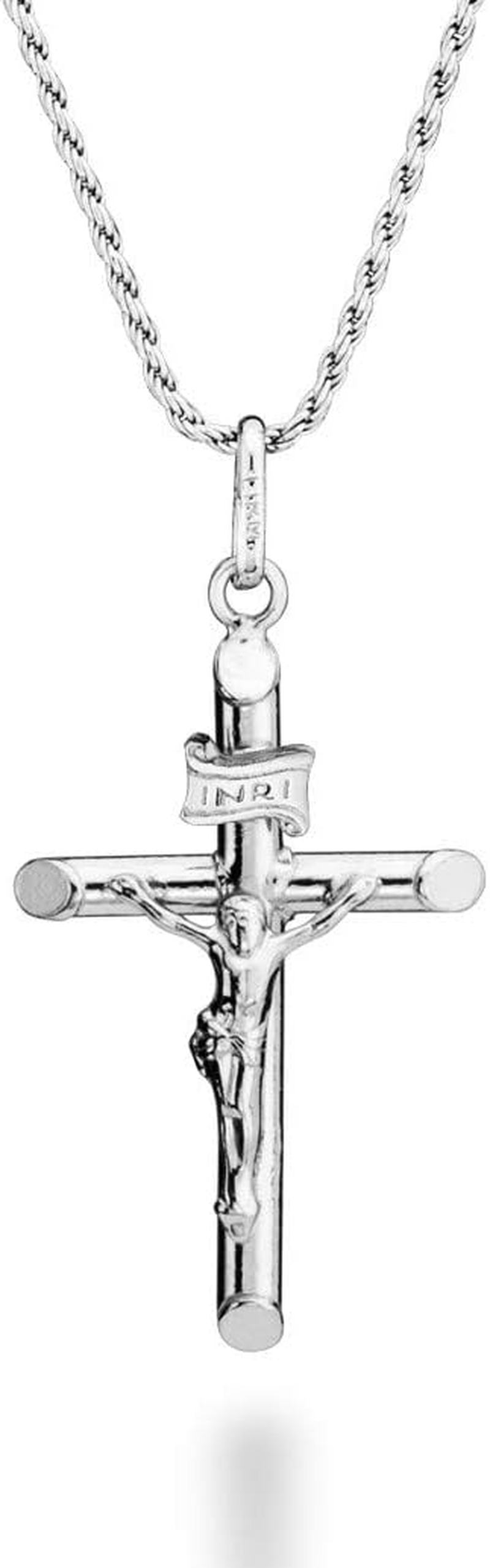 Rhodium Plated 925 Sterling Silver Small or Large Crucifix Necklace for Men Women, Cross Pendant with Rope Chain, Made in Italy