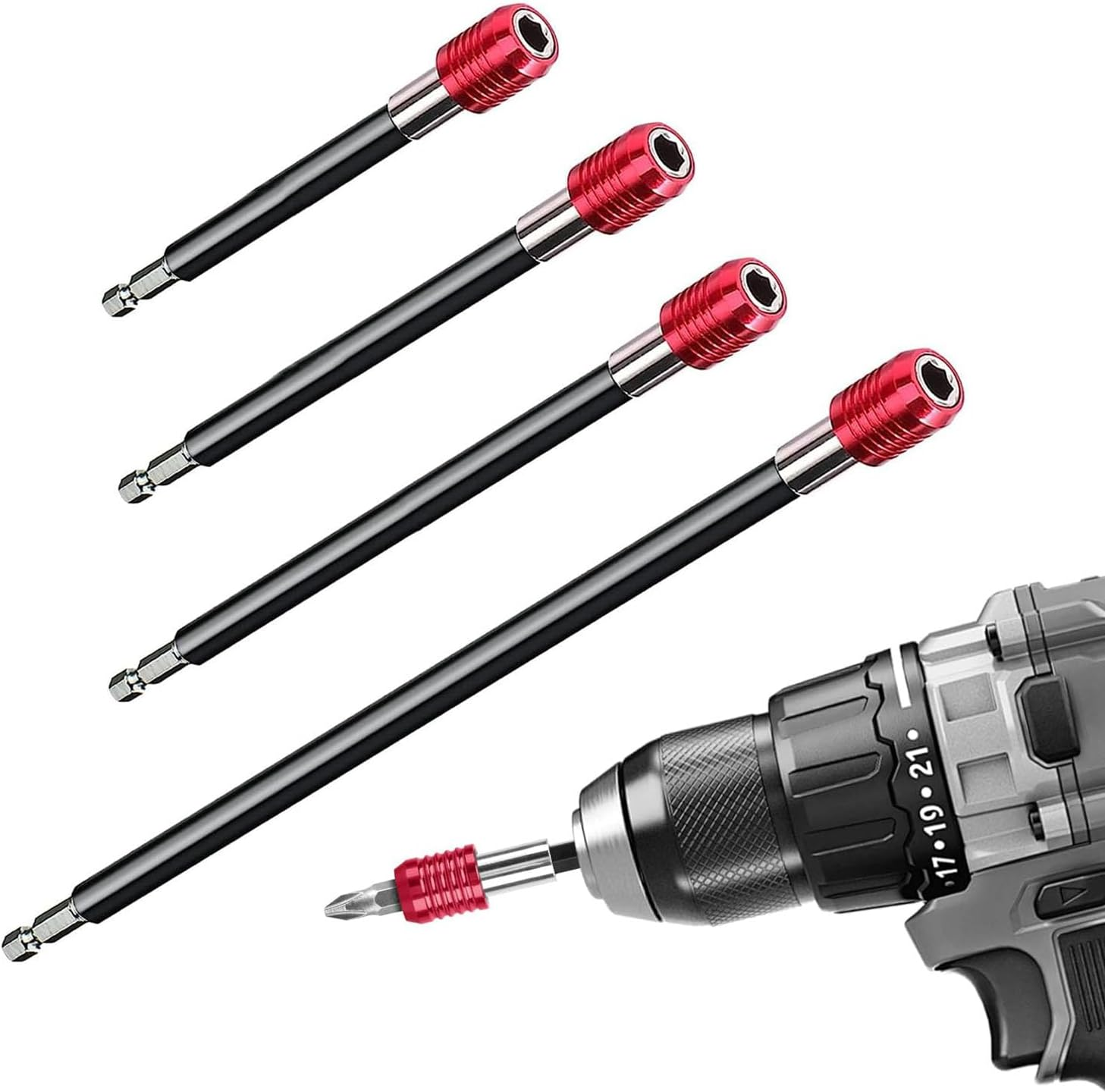 4Pcs Drill Bit Extension Set, Magnetic Screwdriver Bit Holder, Handheld Driver Drill Impact Adapter Extender，1/4 Inch Hex Shank Quick Release Bit Holder for Impact Driver Screws Nuts