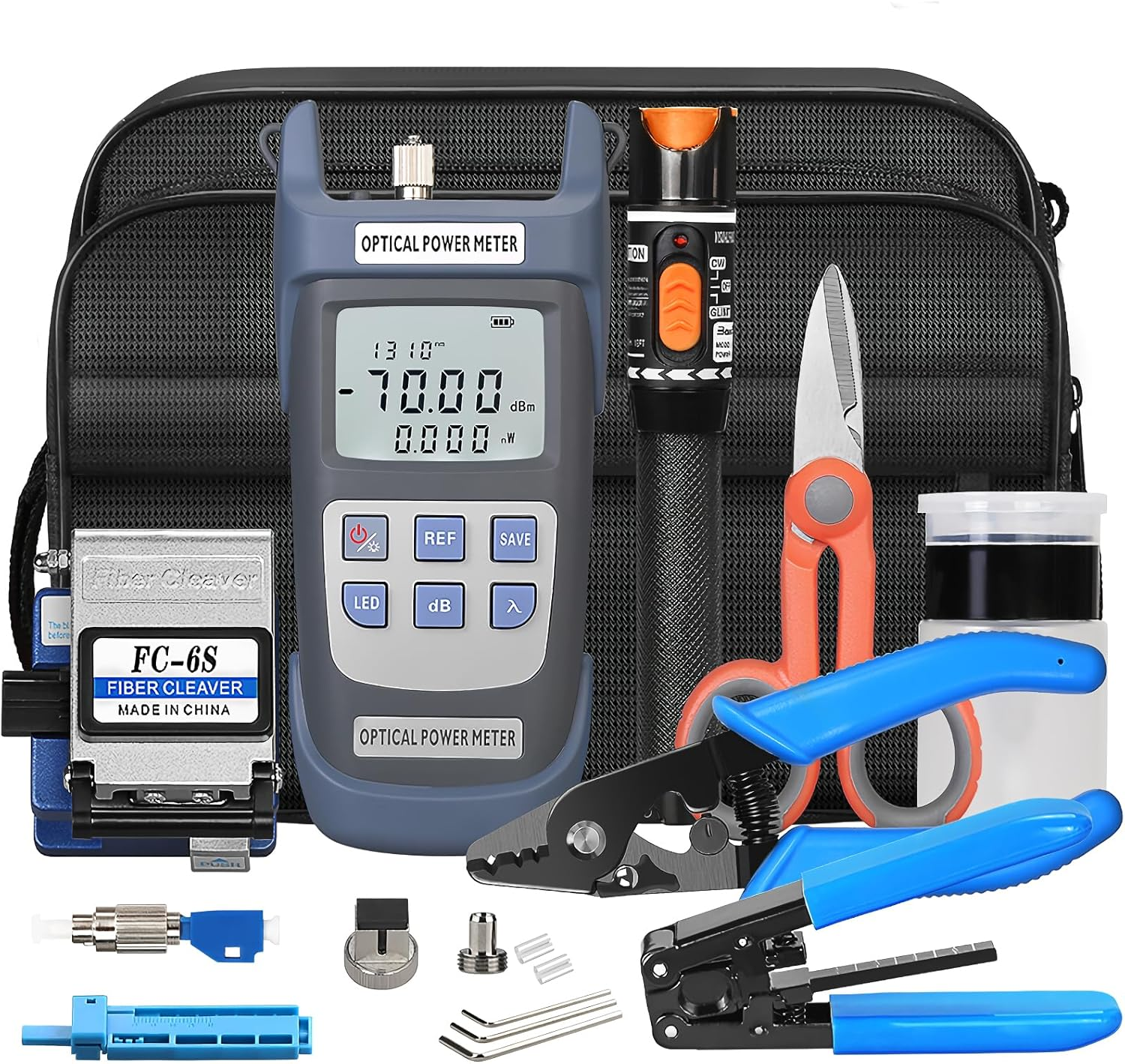 Fiber Termination Kit - 11 in 1 Assembly FTTH Cold Connection Assembly Tool Kit with OPM 6S Cleaver-Fiber Optical Stripper Pliers FC to LC Adapter