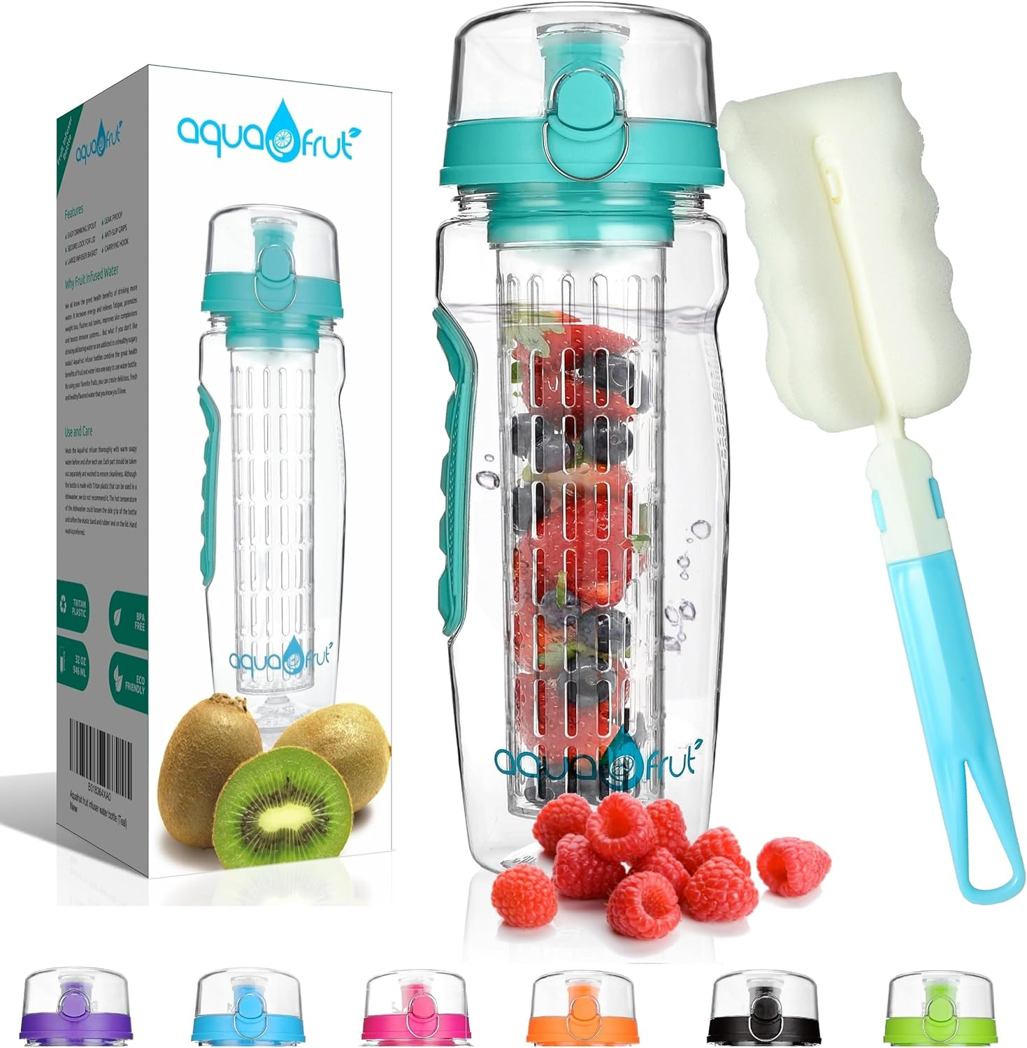 Aquafrut 32 OZ Fruit Infuser Water Bottle Bpa-Free Fruit Infusion Sports Bottle - Flip Top Lid W Drinking Spout, Leak Proof, Made of Durable Tritan. Free Recipe Ebook! (Teal)