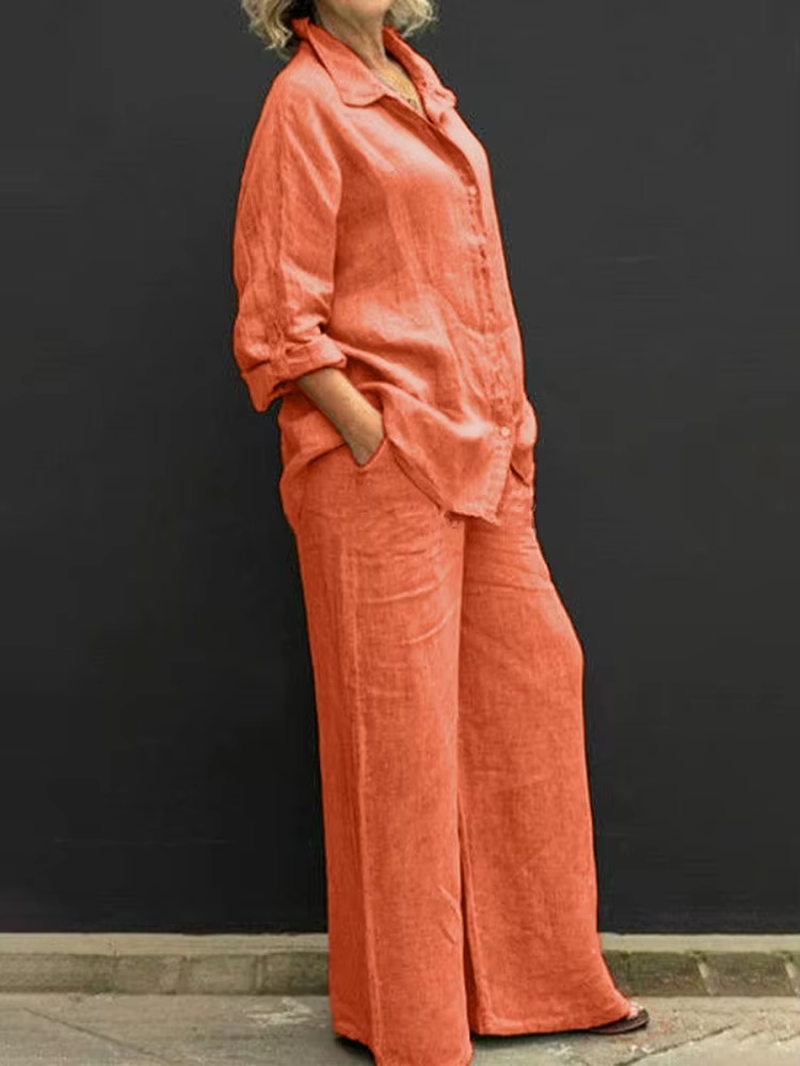 Hot Selling New Women'S 2 Piece Linen Co-Ord Set Oversized Loose Fit Long Sleeve Shirt Wide Leg Pants