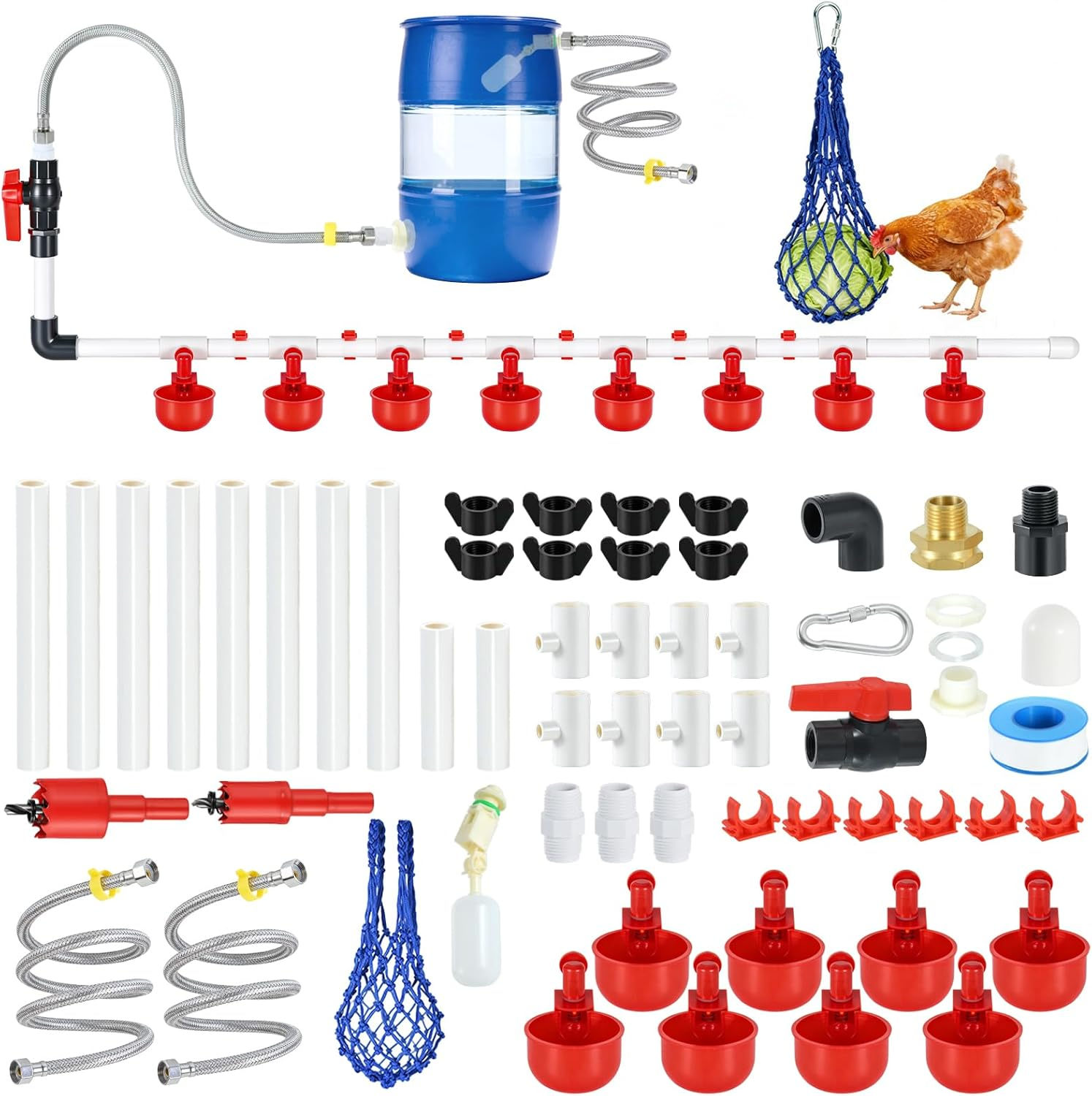 57 Pcs Automatic Chicken Waterer System Set, Chicken Watering System Kit with 8 Chicken Water Cups, Float Valve, Water System for Chickens Ducks Quail Poultry