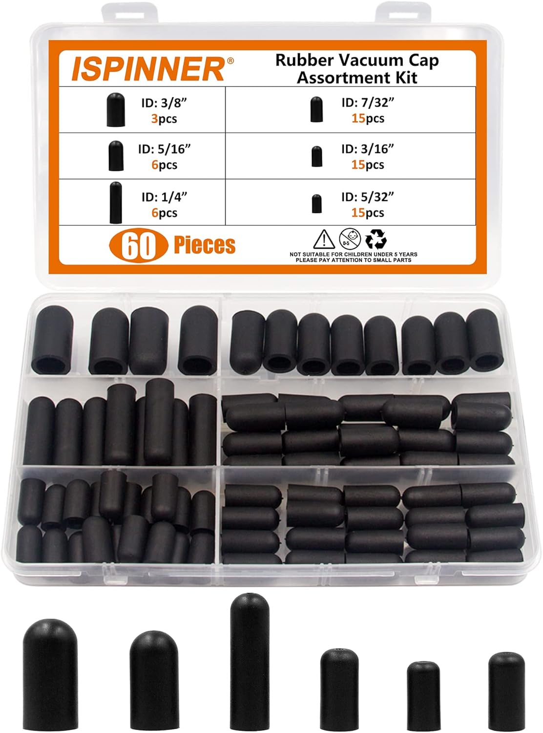 ISPINNER 60Pcs Rubber Vacuum Caps Assortment Kit, Hose End Caps for Carburetor, Manifold, Automotive 3/16