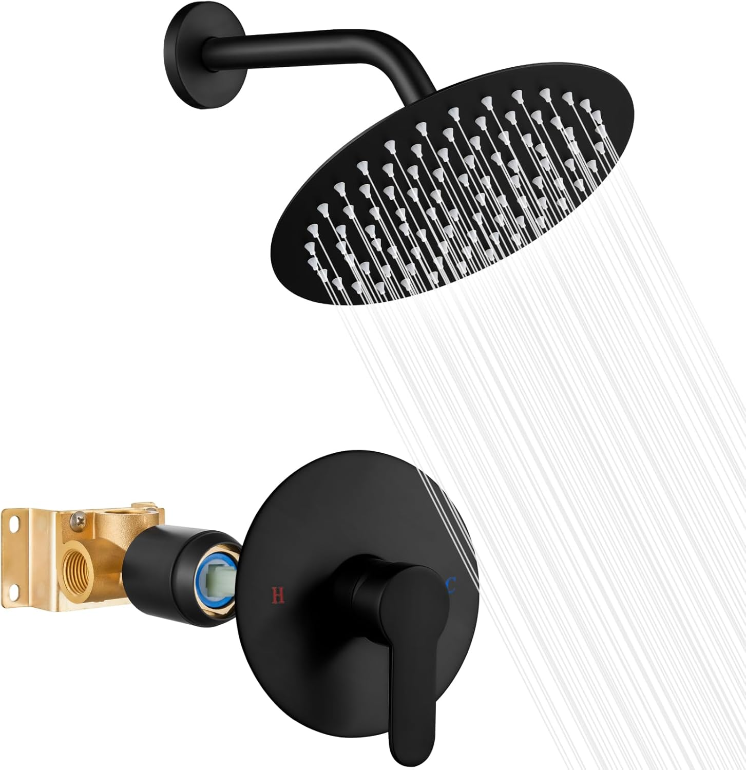 Shower Faucet Set with Valve Kit,8 Inch Bathroom Rainfall Shower Head and Handle Set System Trim Kit,Female Thread Valve Single Function,Matte Black