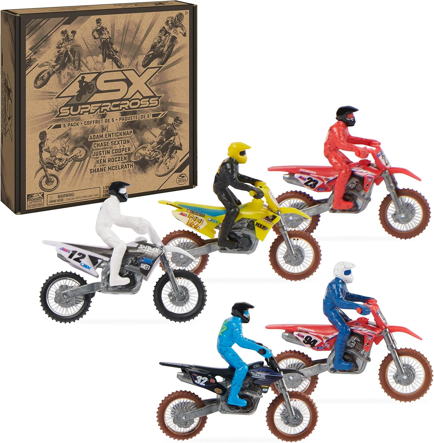 Supercross, Authentic 5-Pack of 1:24 Scale Die-Cast Motorcycles with Rider Figure, Toy Moto Bike for Kids and Collectors Ages 3 and Up