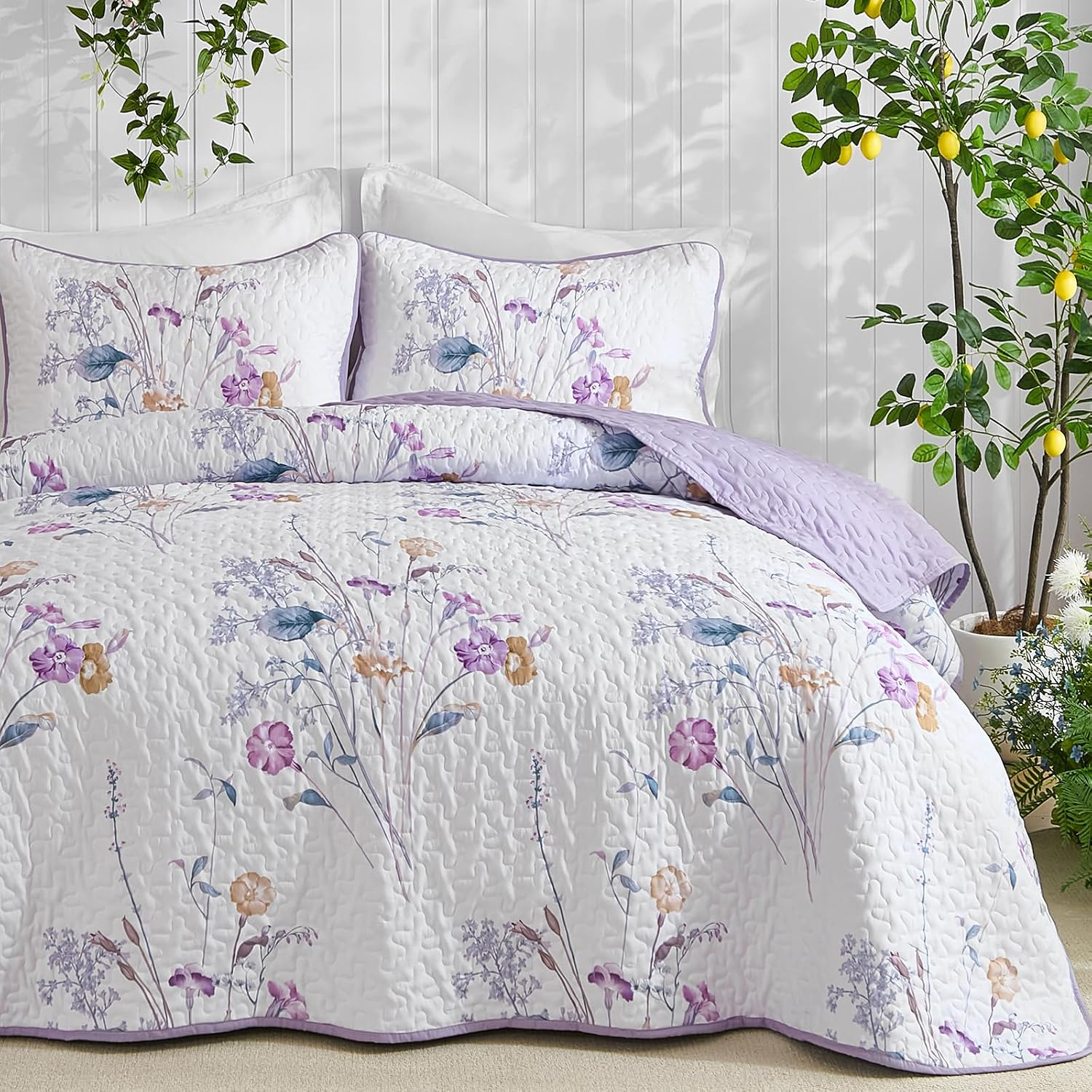 Purple Floral Quilt Set,Reversible Bedspread Queen Size