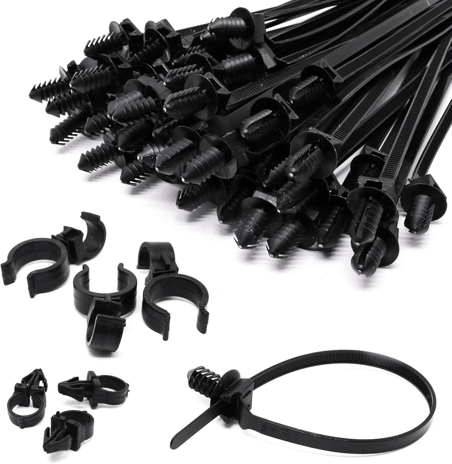 Push Mount Zip Ties 50Pcs, Heavy Duty Black Wire Zip Tie Mounts, 2 in 1 Nylon Self Locking Push Mount Cable Zip Tie for Engine Bay Wire Harness, Indoor Wires Tying (8.3