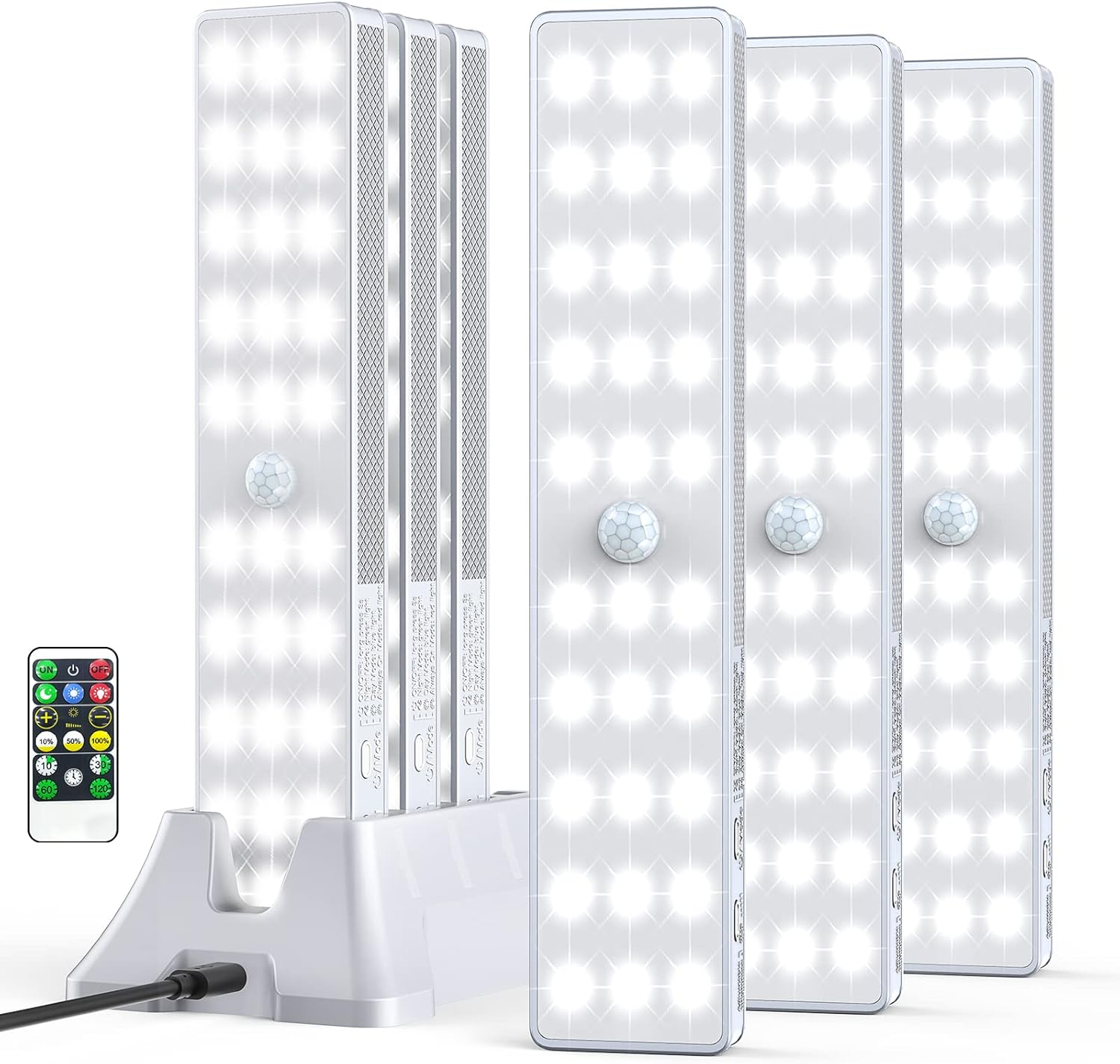 LED Closet Light with Charging Station, 6 Pcs Dimmer Rechargeable Motion Sensor under Cabinet Lighting with Remote Control, Wireless Stick-Anywhere Night Light for Wardrobe,Kitchen