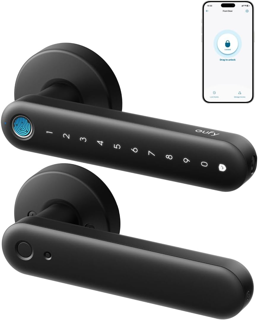 Eufy Security Smart Lock Familock C32, Fingerprint Keyless Door Lock with Handle,Interior Doors, Built-In Wi-Fi (2.4 Ghz Only), App Control, Auto Lock, 4 AA Batteries, Alexa/Google,Rekey Not Supported
