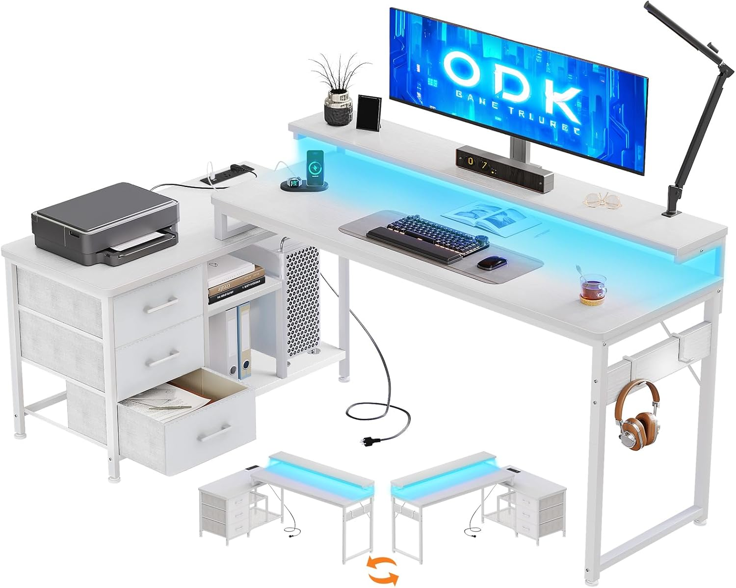 ODK L Shaped Gaming Desk with Drawers 174x100cm, Corner Desk with Storage for... - Picture 10 of 14