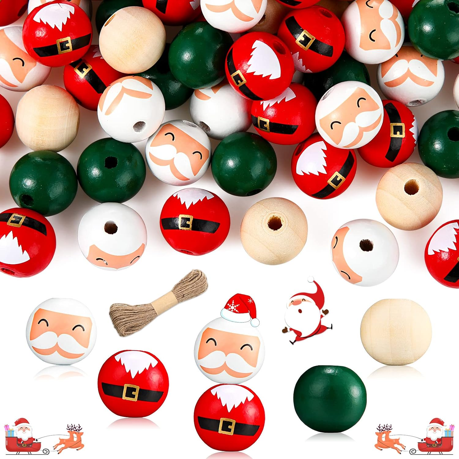 120 Pieces 20Mm Wooden Beads - Santa'S round Christmas Beads in Red, Green & Natural with 65.6 Feet Twine for Crafts & Party Decor