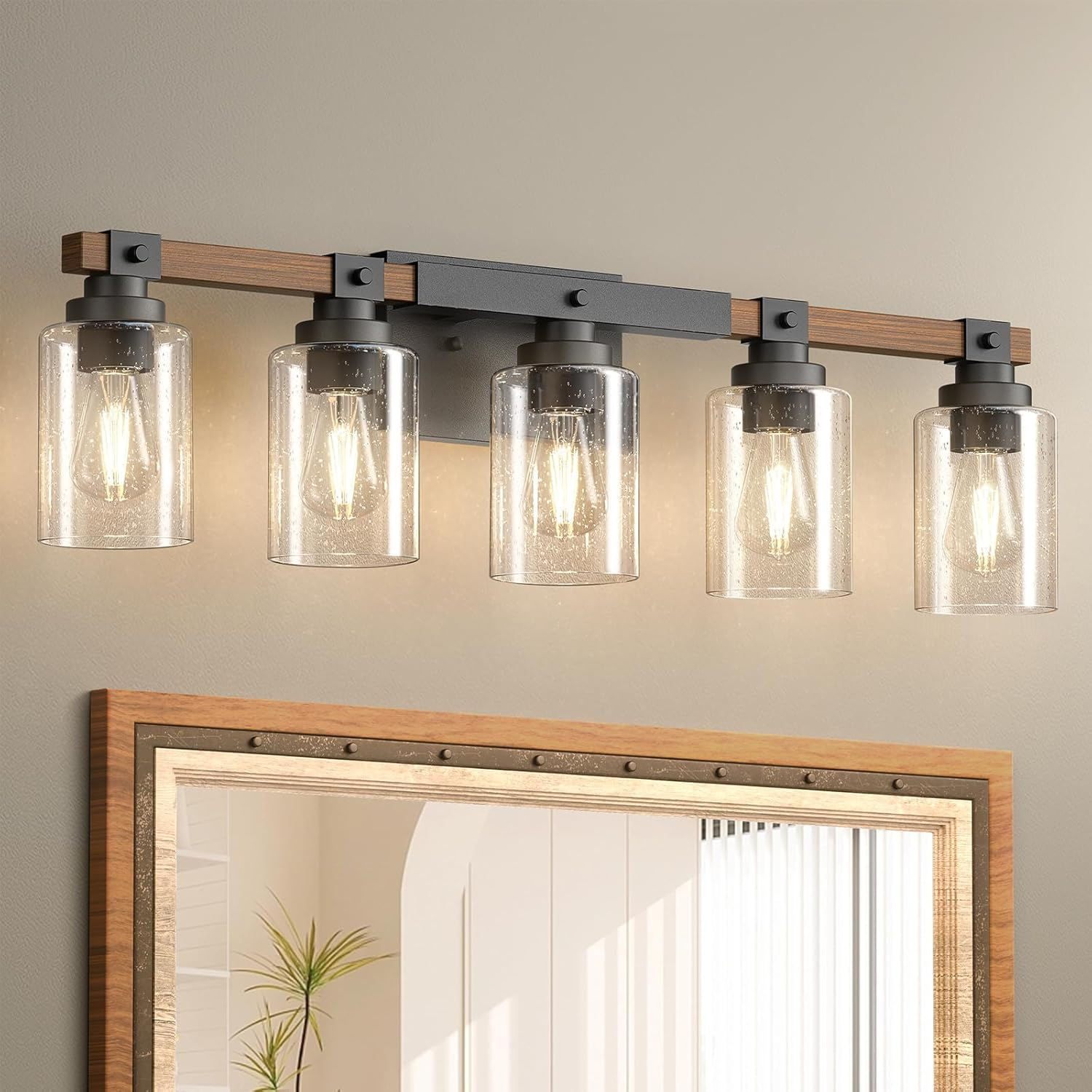 Farmhouse Vanity Light Fixtures, Rustic 5-Light Industrial Painted Wood Lights for Bathroom, Vintage Black Wall Sconces with Bubble Glass Shade