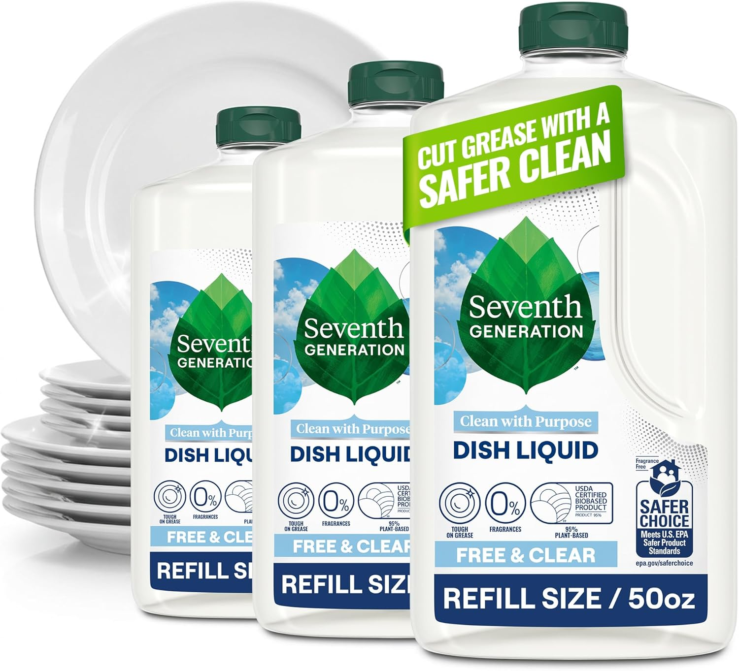 Seventh Generation Dish Soap Refill, Free & Clear, 50 Fl Oz, 3 Pack, Plant-Based Dishwashing Liquid for Grease & Tough Food Messes, for Sensitive Skin