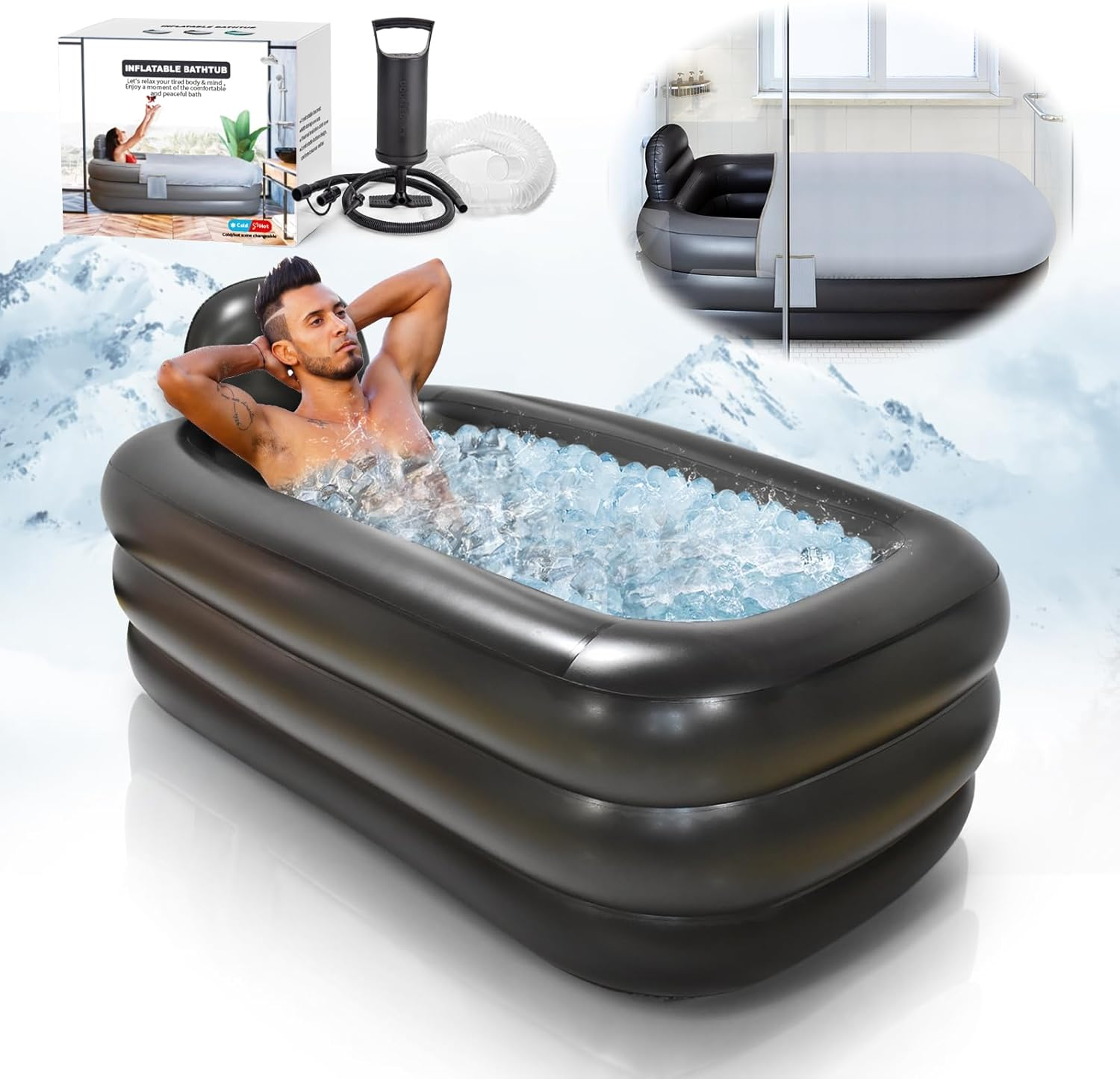 Portable Bathtub for Adults with Cover - Ice Bath & Hot Tub for Athletes Recovery, Home SPA - Large Inflatable Bathtub 62.2X37.4X17.72In, Includes Pump, Easy Inflate & Drain