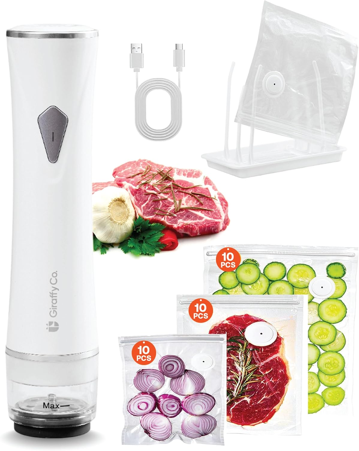 GIRAFFYCO Compact Handheld Vacuum Sealer Set with 30 Reusable Bags | 30 S/M/L Reusable Bags, 10 Pc Each Size, Foldable Drying Rack, Gift Set for Meal Prep, Freezer Organisation & Sous Vide