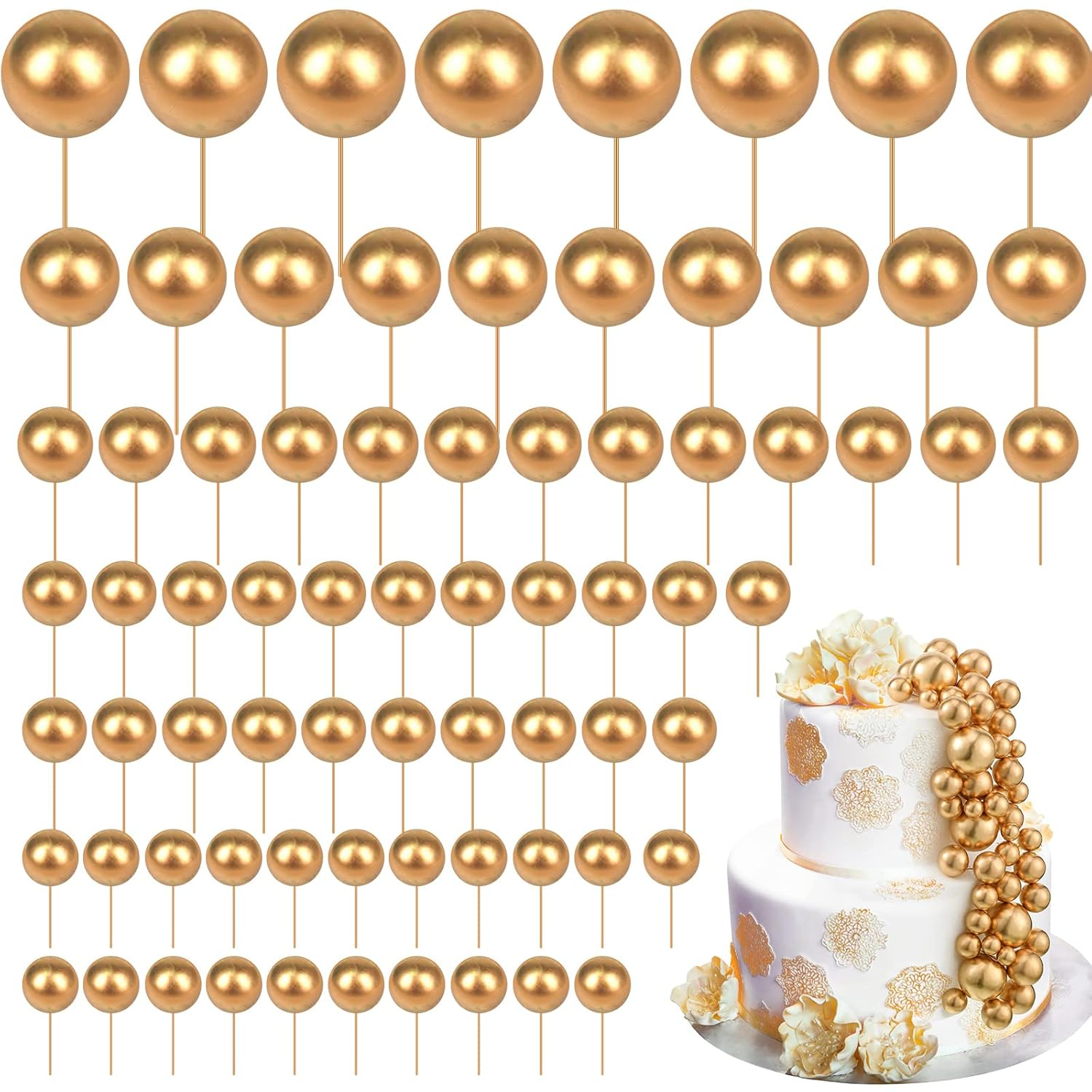 108 Pcs Balls Cake Topper DIY Cupcake Insert Foam Balloons for Cake Baking Wedding Anniversary Birthday Decoration (Gold,Multi Sizes)