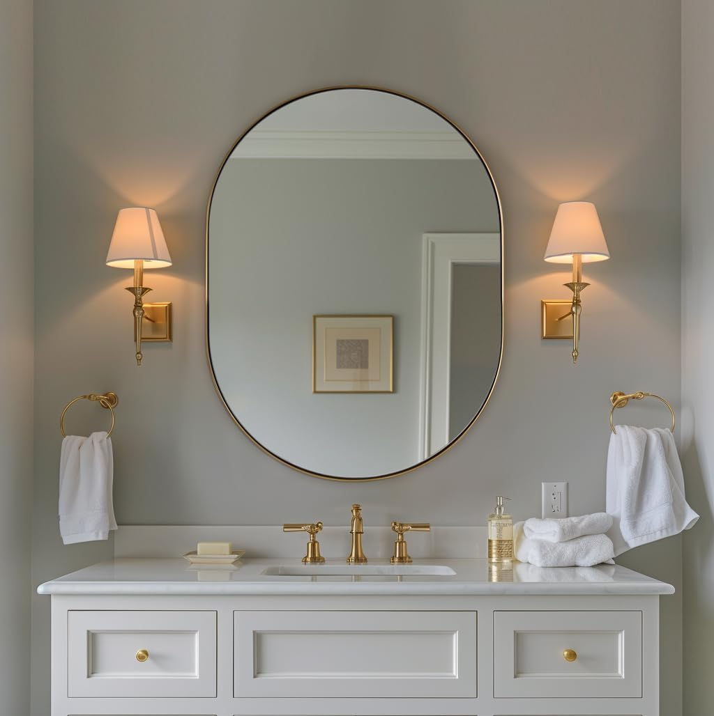 Oval Bathroom Mirror, 24X32’’ Gold Oval Mirror Pill-Shaped Design in Stainless Steel Metal Frame for Bathroom, Entryway, Living Room, Contemporary 1