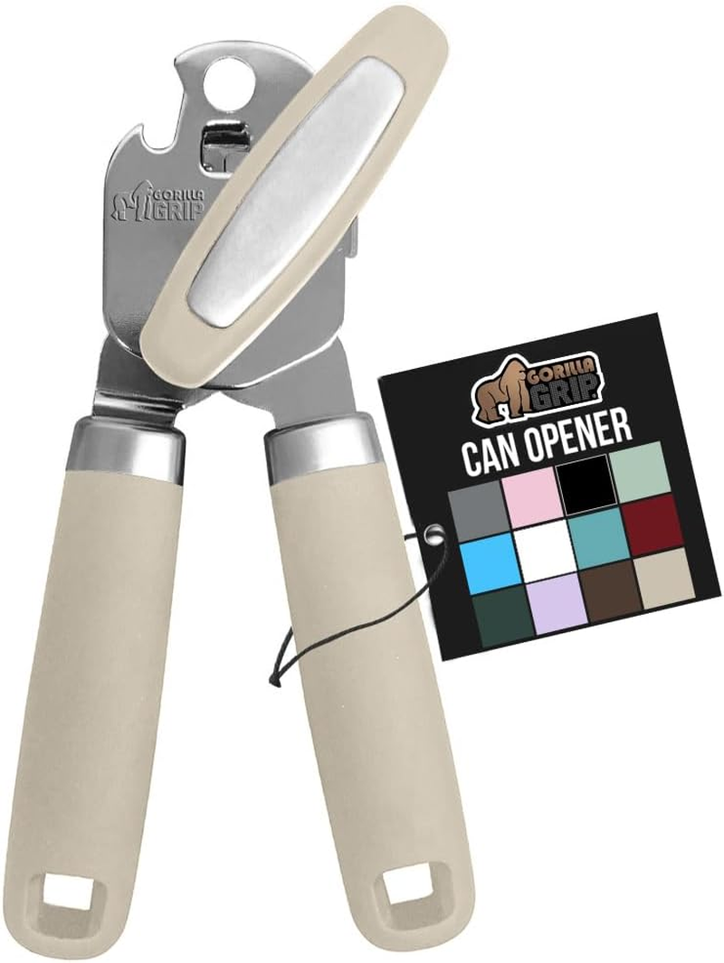 Heavy Duty Stainless Steel Smooth Edge Manual Can Opener and Bottle Openers, Soft Comfortable Handle, Oversized Handheld Turn Knob, US Designed Multifunctional Kitchen Tool, Almond