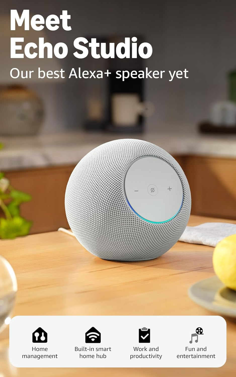 Amazon Echo Studio (Newest Model), Immersive Spatial Audio and Dolby Atmos, Designed for Alexa+, Glacier White