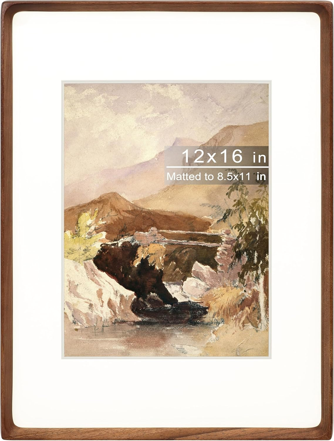 12X16 Picture Frame with Mat for 8.5X11, Natural Walnut Wood Handcrafted Rounded Corner with Plexiglass, Vertical or Horizontal Display Photo Document Gallery Poster Wall Mounting Frame