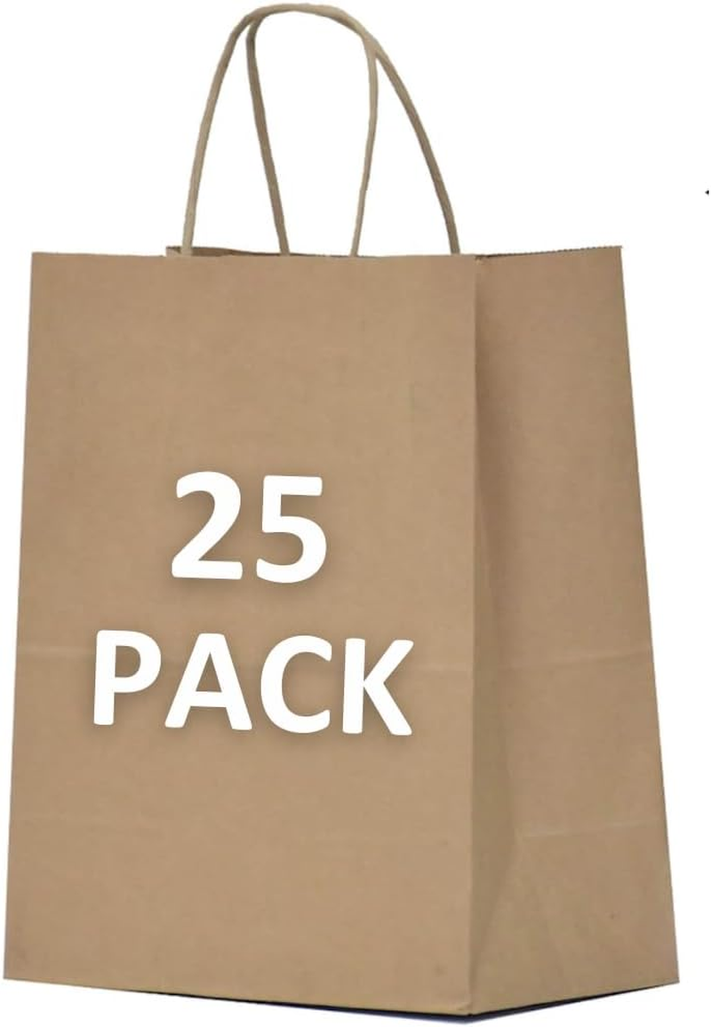 25 Bolsas Kraft Grandes con Asas 10x5x13in para Regalos y Compras Reutilizables