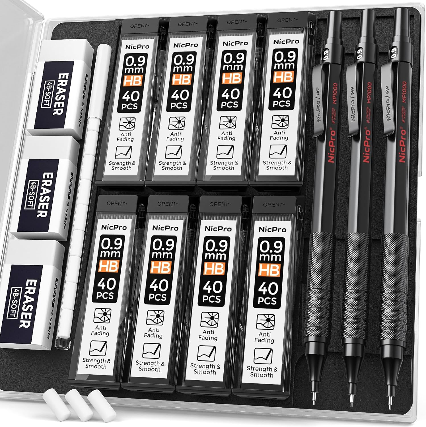 0.9 Metal Mechanical Pencil Set with Case, 3PCS Black MP1000 0.9Mm Drafting Pencil, 8 Tubes HB Lead Refills, 3PCS Erasers, Erasers Refills for Artist Writing, Drawing, Sketching