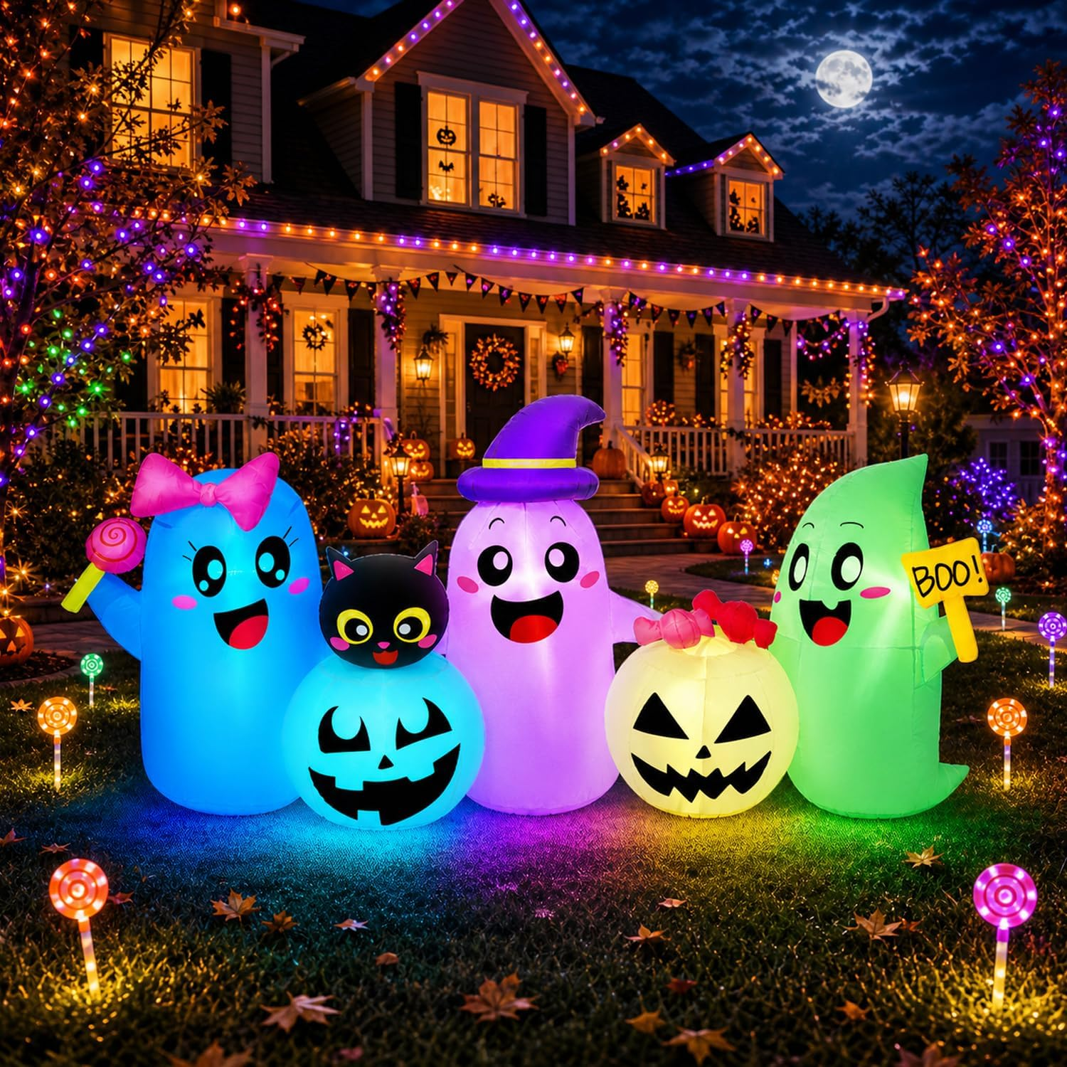 8FT Long Halloween Inflatables Decoration Outdoor Ghosts & Pumpkins Combo with Muti-Color Changing Leds, Cute Halloween Blow up Yard Decorations Blowups for Lawn Party