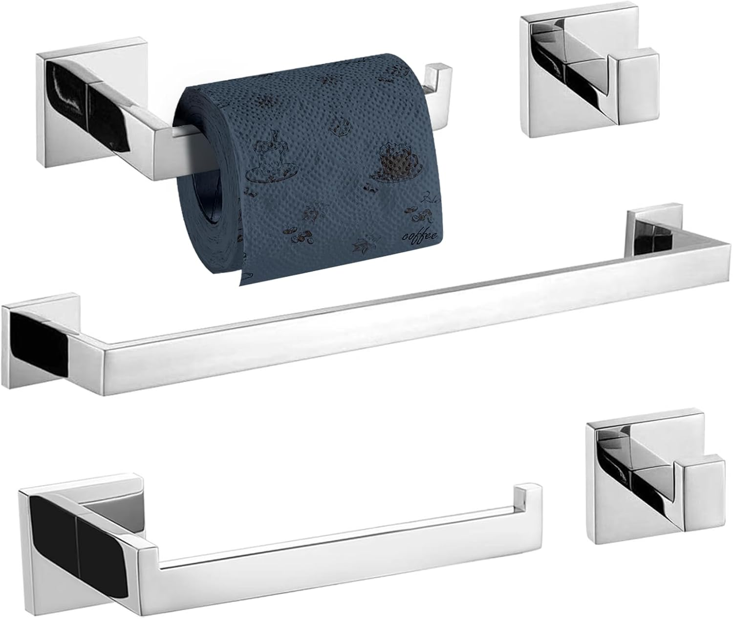5-Piece Bathroom Hardware Set Polished Towel Bar Sets Include 23.4 Inch Towel Rail Hand Towel Bar Tissue Holder and 2 Towel Hooks, Stainless Steel Wall Mounted Towel Racks for Bathroom