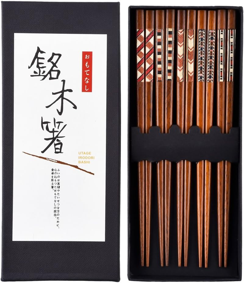 Handmade Japanese Chopsticks Reusable Natural Wooden Chopstick with Box, 5 Pairs Gift Set
