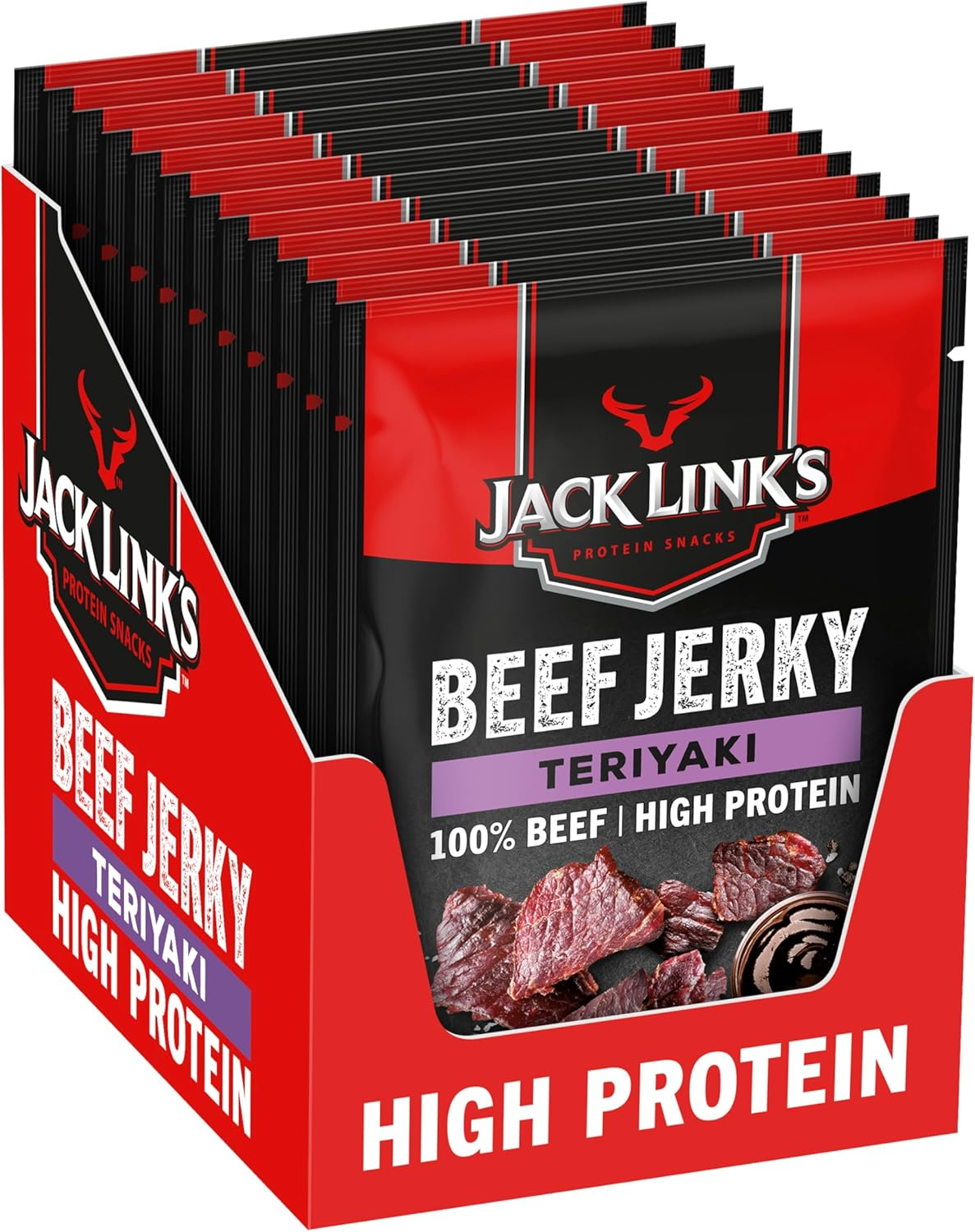 Jack Link'S Beef Jerky, Teriyaki Flavour, Multipack of 12 X 25G Bags, High Protein Meat Snack, Made with Premium Beef