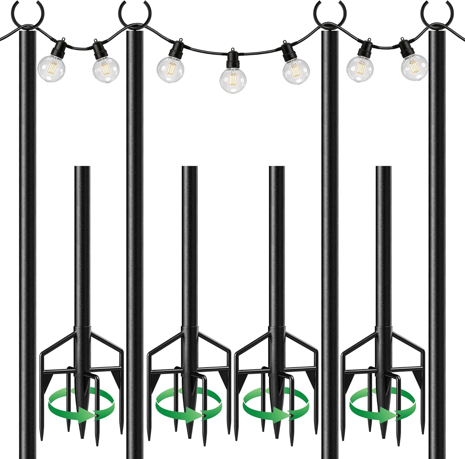 String Light Poles 4 Pack, Heavy Duty Outdoor Light Poles with Upgraded 5‑Prong Base, Anti‑Bending Stable Design for Backyard Patio Garden Wedding Party Decoration