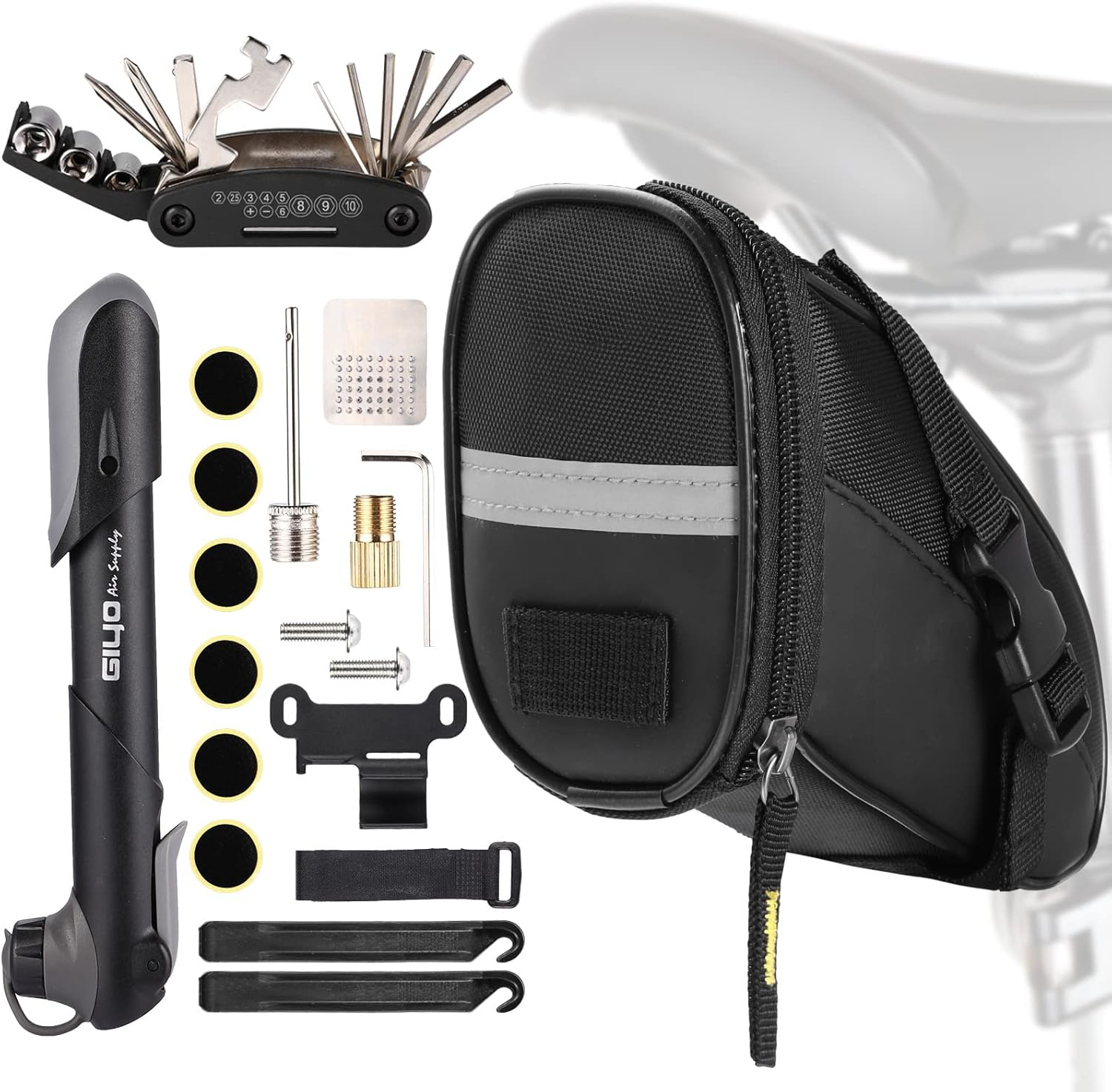 Bike Repair Tool Kit - Bike Saddle Bag and Emergency Tool Repair Set with 16 in 1 Multi-Tool Bicycle Pump, Tire Lever, Glueless Tires, Used for Mountain and Road Bike