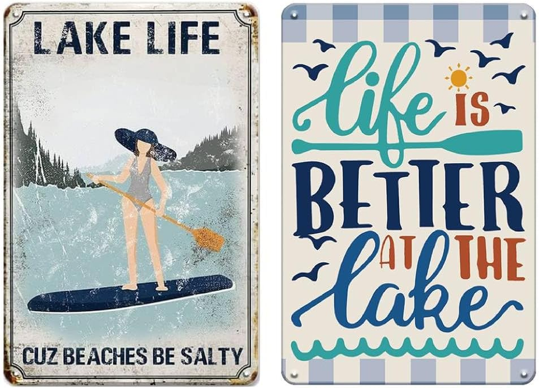 YOYI ART 2Pcs Lake House Decor Sign for the Home - Life Is Better at the Lake, Metal Tin Sign Vintage for Lake House, Outside, Beach and Fish Wall Art Decor Accessories, 8 X 12 Inch